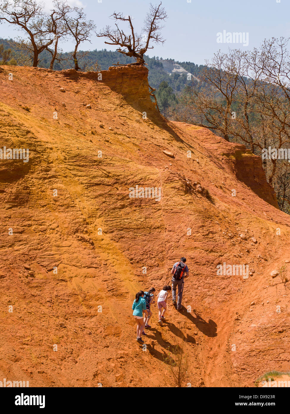 Escalade de la famille. Un père et ses trois filles grimper le visage rouge de la roche chez le Colorado Provençal de Rustrel. Banque D'Images