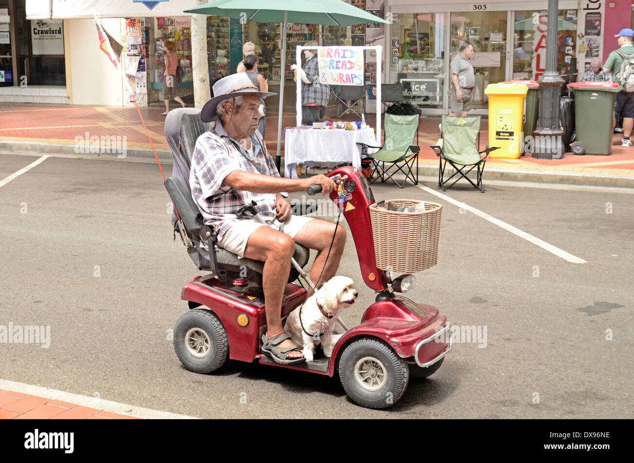 L'homme et le chien équitation un fauteuil roulant motorisé. Banque D'Images