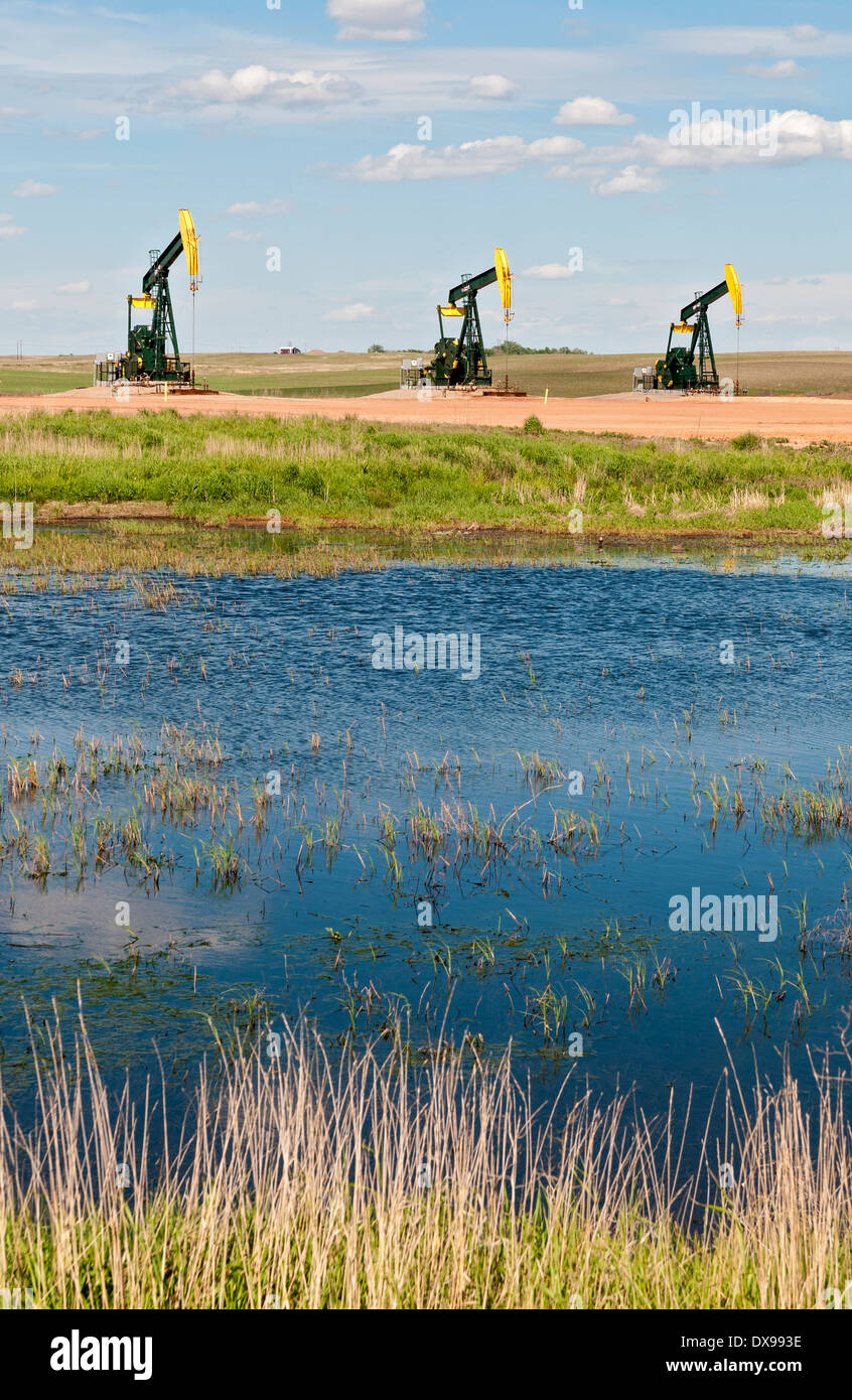Le Dakota du Nord, le bassin de Williston, l'huile de schiste Région Formation Bakken, puits de pétrole chevalets, d'une zone humide Banque D'Images
