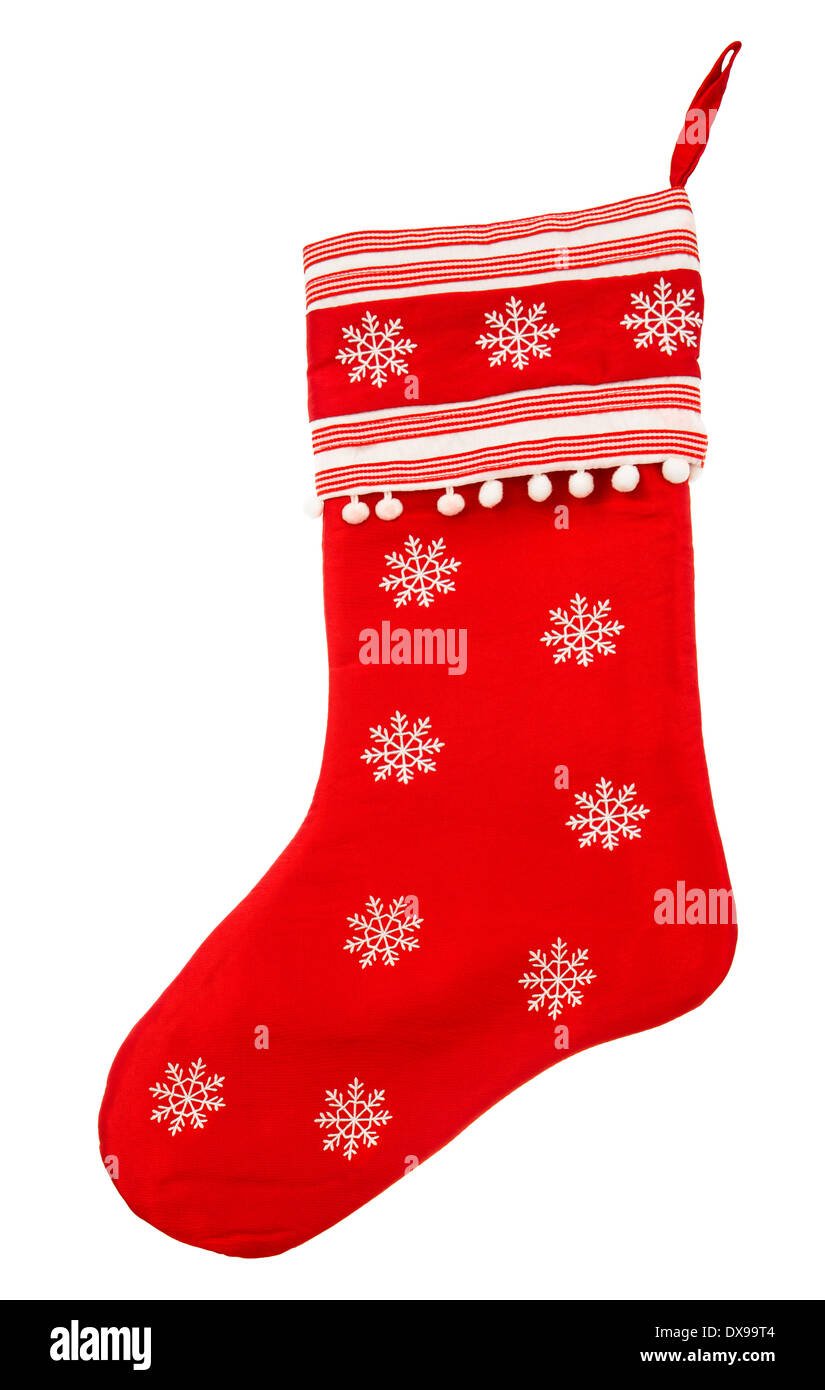 Chaussette de Noël rouge avec des flocons pour père noël sur fond blanc, symbole des vacances. Banque D'Images