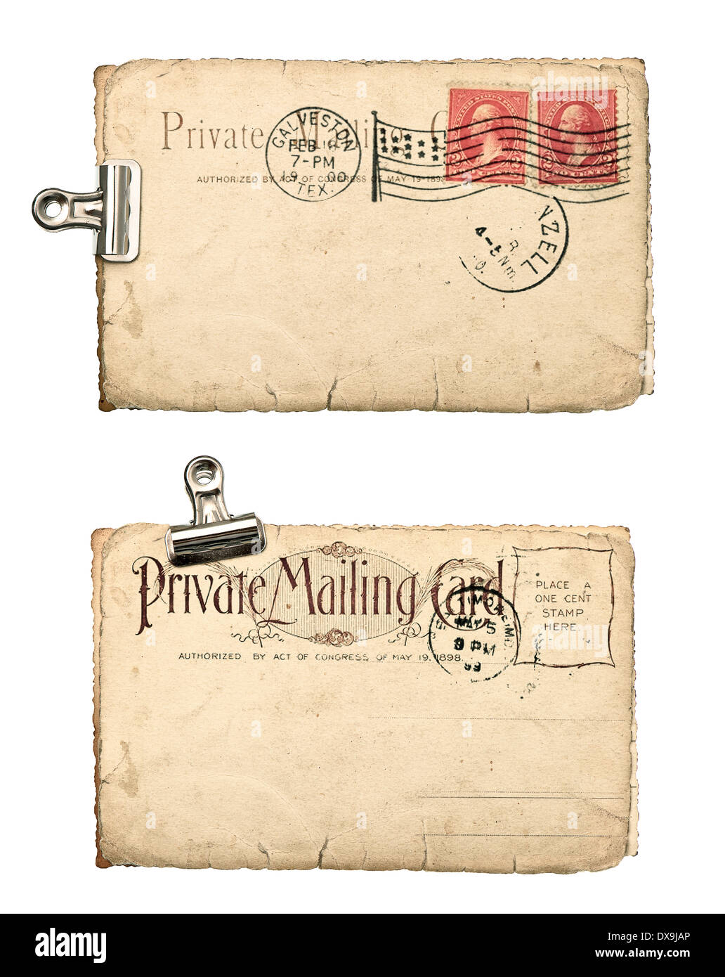 Vintage carte postale avec timbre et cachet antique. vide lettre mail isolé sur fond blanc Banque D'Images