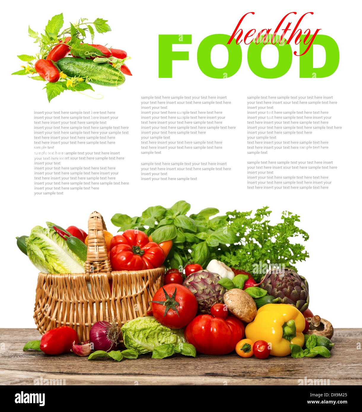 Légumes et herbes sur fond blanc. les produits laitiers biologiques. panier. alimentation saine concept avec l'exemple de texte Banque D'Images