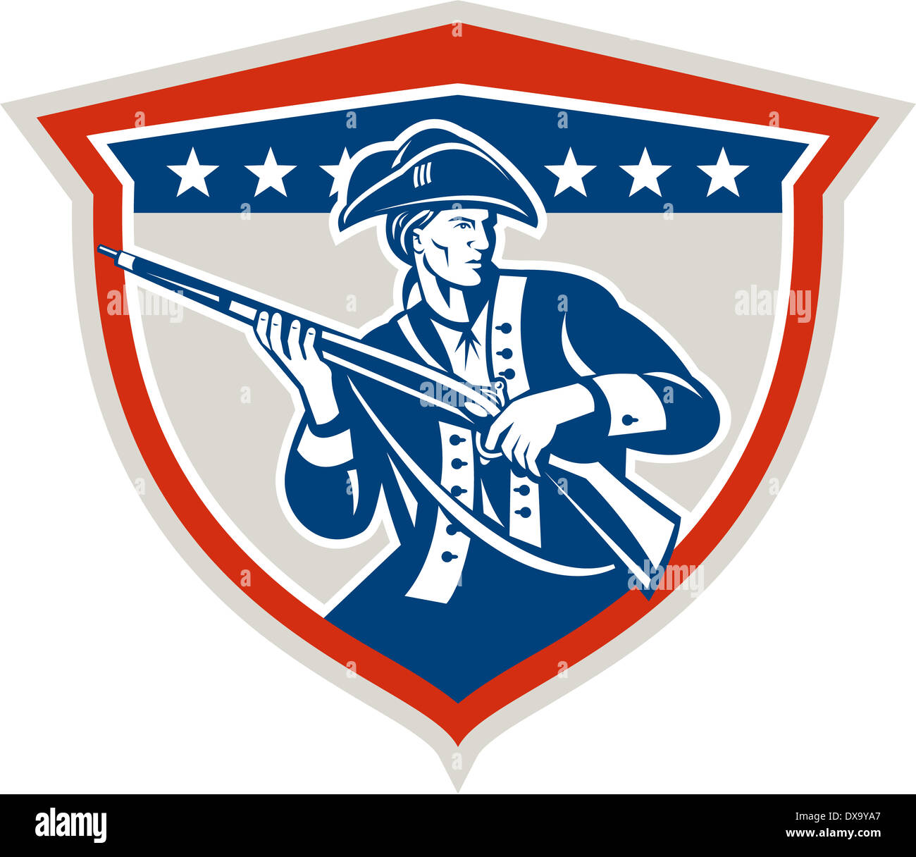 Illustration d'un patriote américain tenant une carabine fusil face à l'avant fixé à l'intérieur crest protection avec étoiles sur fond isolé fait en style rétro. Banque D'Images