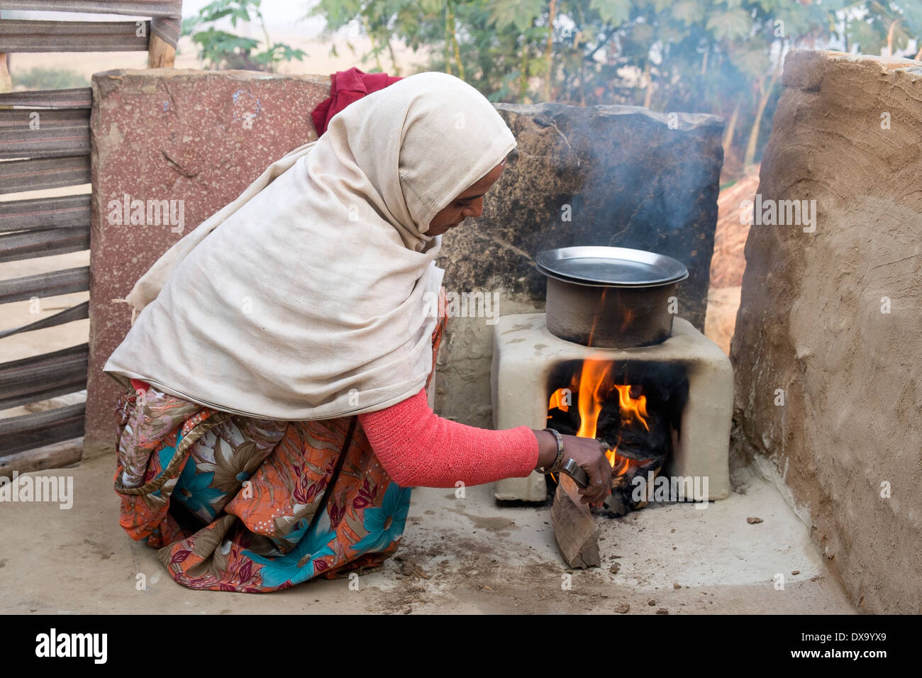 L'Inde, Uttar Pradesh, Agra, femme de l'eau bouillante sur le feu à l'extérieur à l'aide de la bouse de vache et le bois comme combustible Banque D'Images