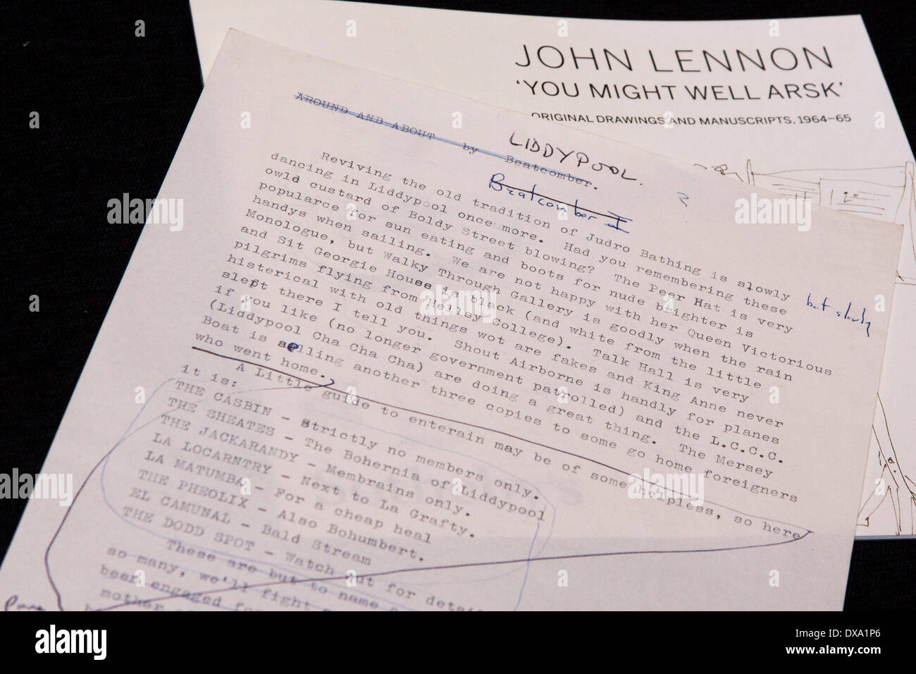Londres, Royaume-Uni. Mar 21, 2014. John Lennon's prose, 'Liddypool', une partie de l'"ARSK 'Vous pourriez bien lagestst' extrait de la collection de ses manuscrits et dessins jamais à venir sur le marché, avant l'adjudication prévue à New York le 4 juin 2014. Crédit : Paul Davey/Alamy Live News Banque D'Images
