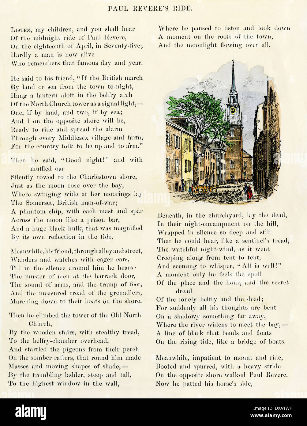 La page illustrée de "Paul Revere's Ride" par Henry Wadsworth Longfellow, 1879. À la main, gravure sur bois Banque D'Images