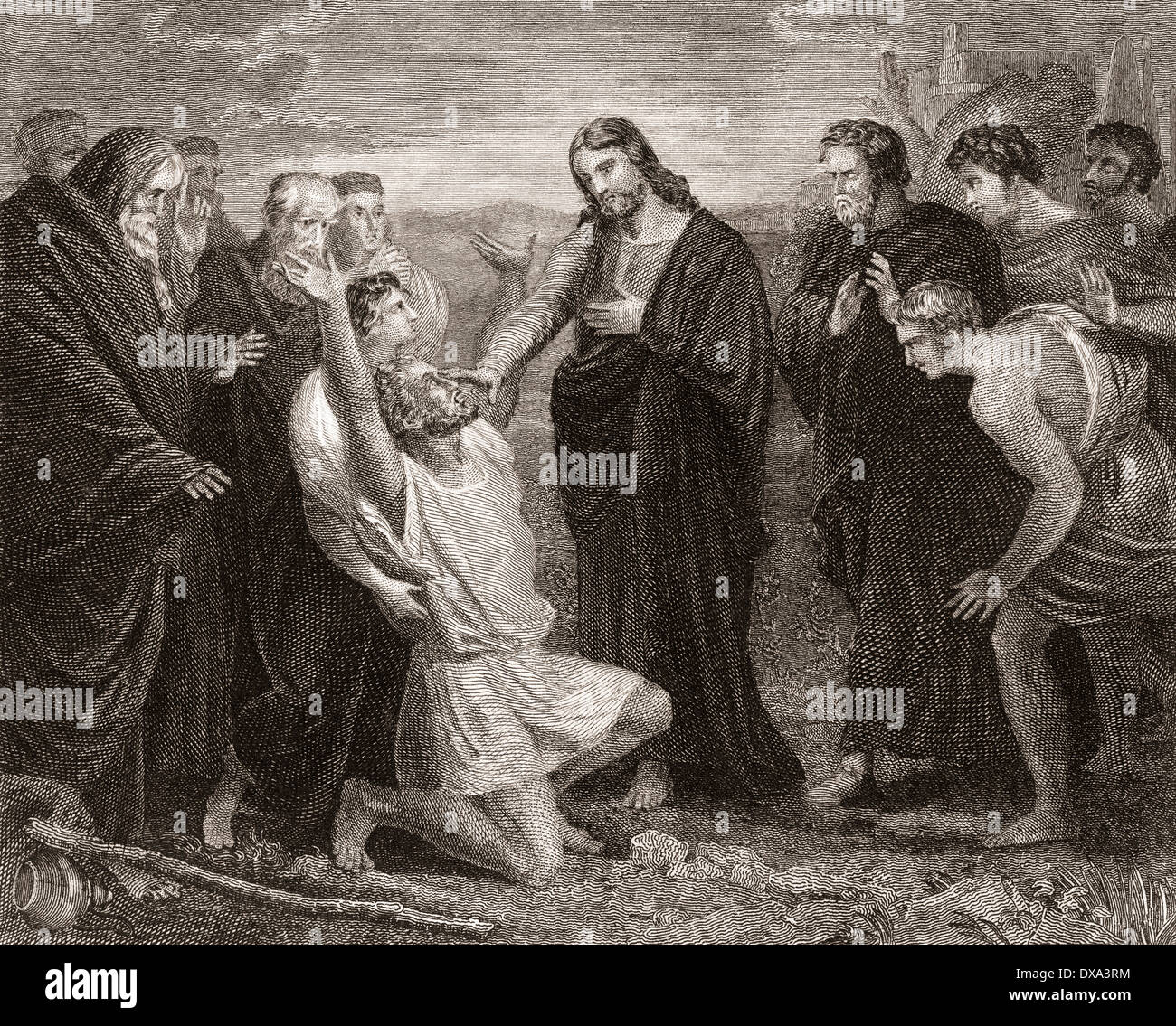 Jésus la guérison de l'aveugle. À partir d'un 19e siècle imprimer. Banque D'Images