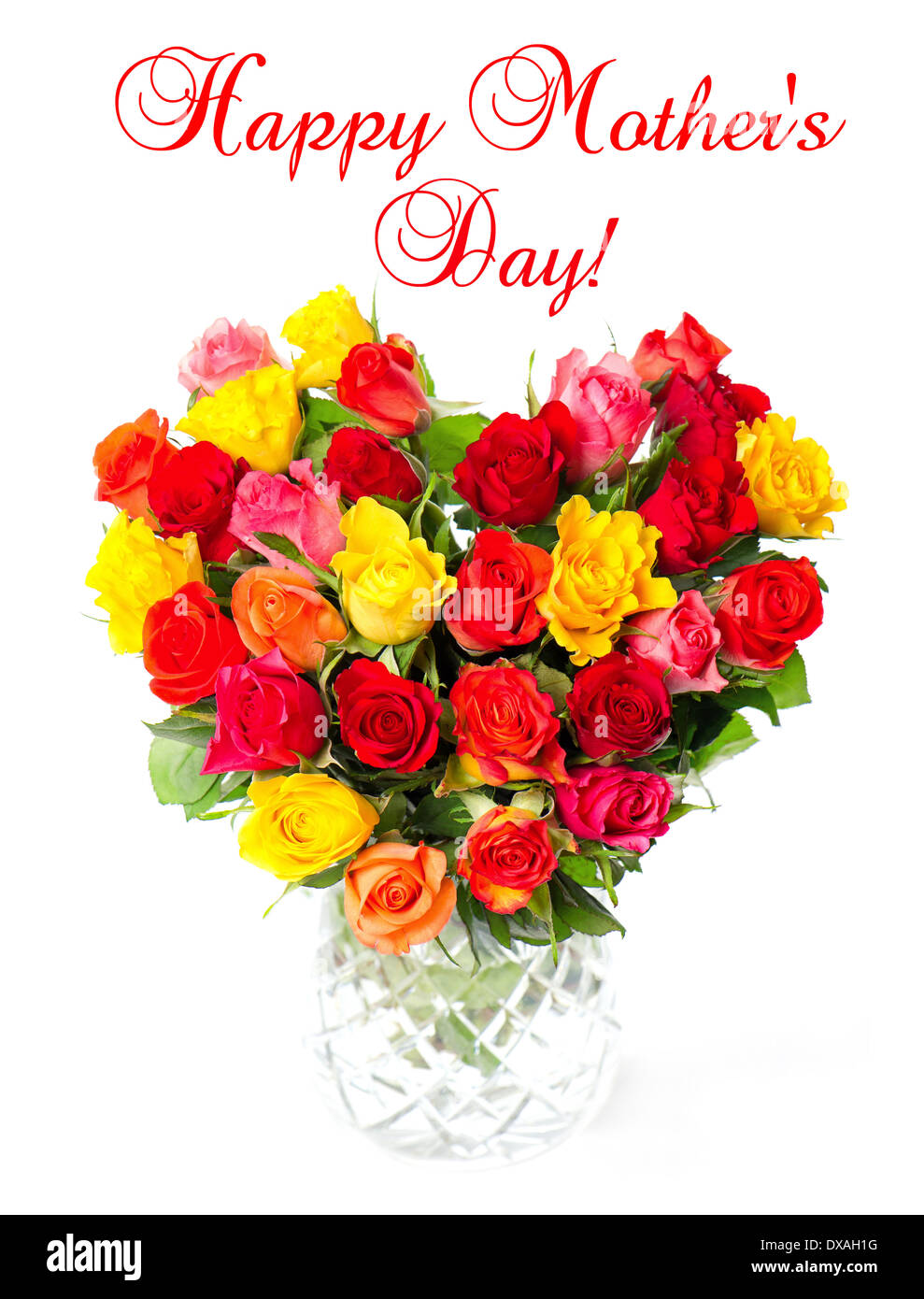 Happy Mother's Day ! Concept de carte. bouquet de roses assorties colorées en forme de coeur dans un vase Banque D'Images