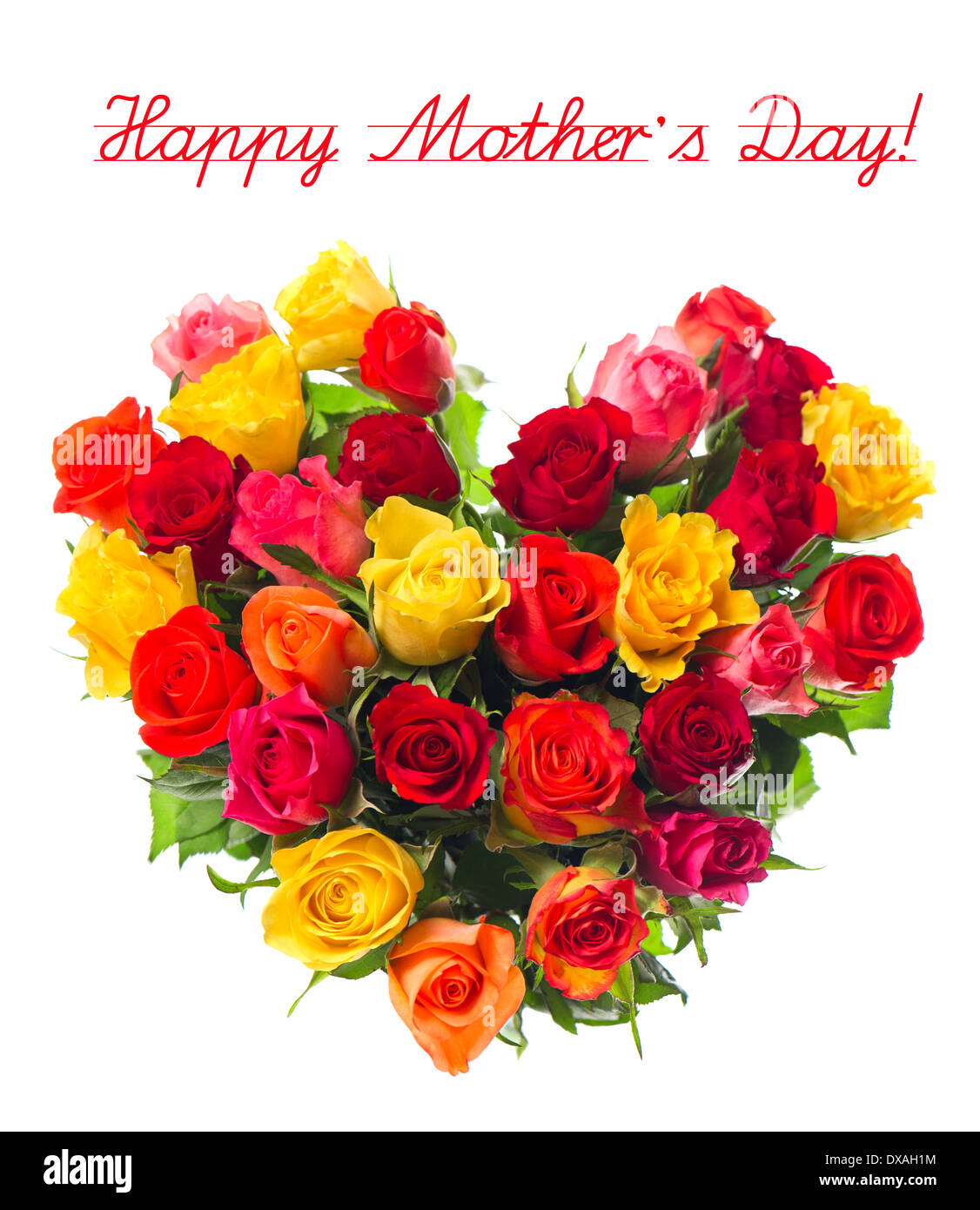 Happy mother's day ! Bouquet de roses assorties colorées en forme de coeur sur fond blanc Banque D'Images