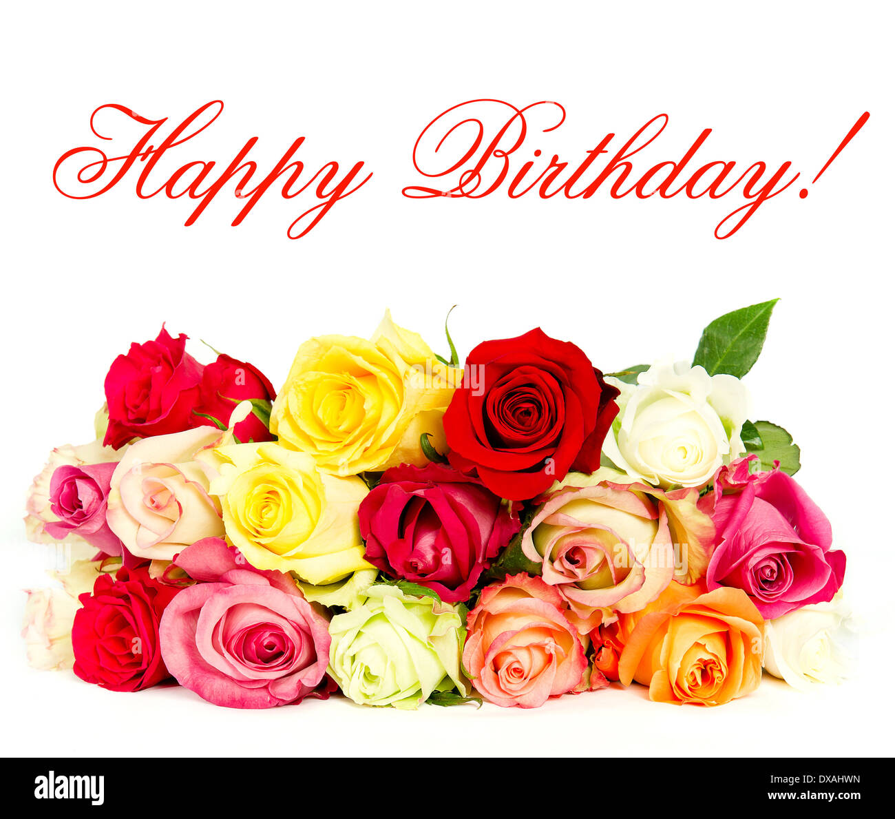 Joyeux anniversaire ! Roses multicolores, bouquet de fleurs magnifiques concept de carte. Banque D'Images