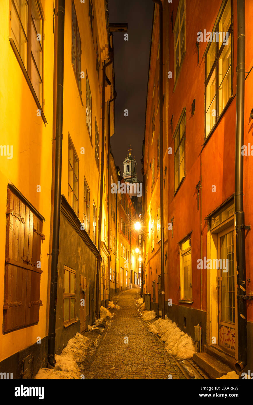 Vue nocturne de la cathédrale de Stockholm, vu de Göran Hälsinges Gränd, à Gamla Stan, la vieille ville de Stockholm, Suède. Banque D'Images