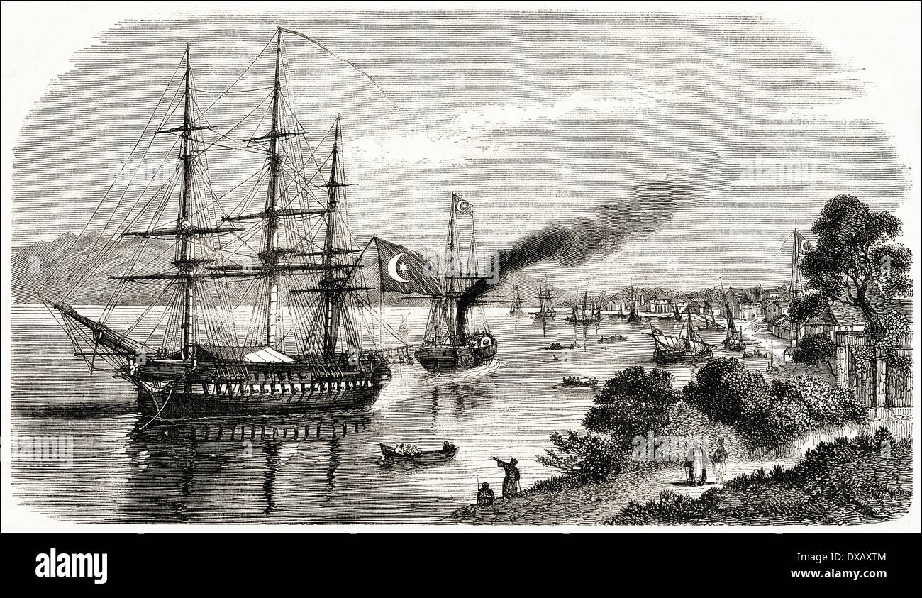 La frégate de la marine turque dans le port de Batoum au cours de la guerre de Crimée. La gravure de l'époque victorienne circa 1854 Banque D'Images