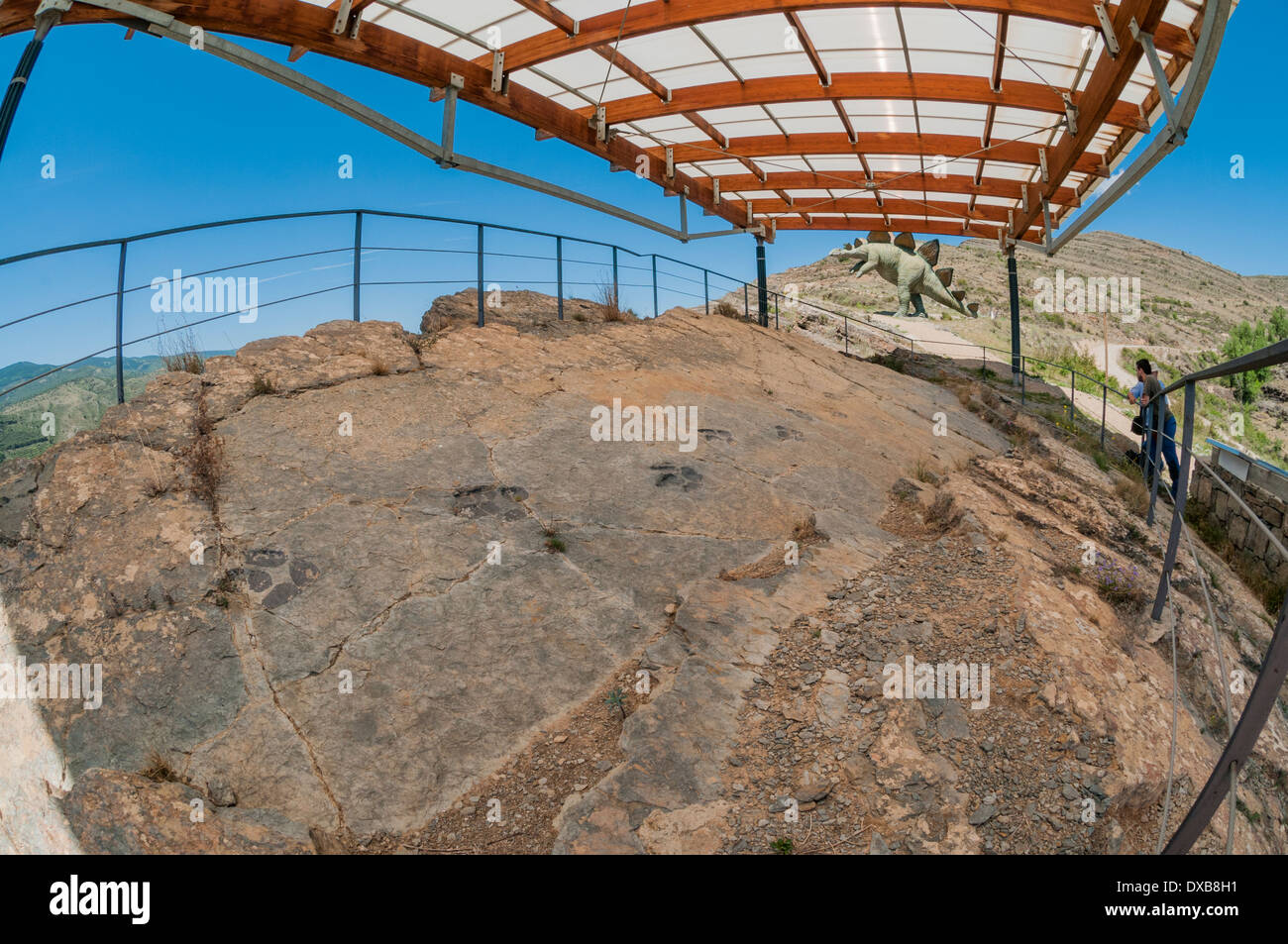 Traces de empreintes de dinosaures (ou ichnites) dans un rocher plat, anciennement le fond d'un lagon intérieur au site fossile de Munilla, la Rioja, Espagne. Banque D'Images