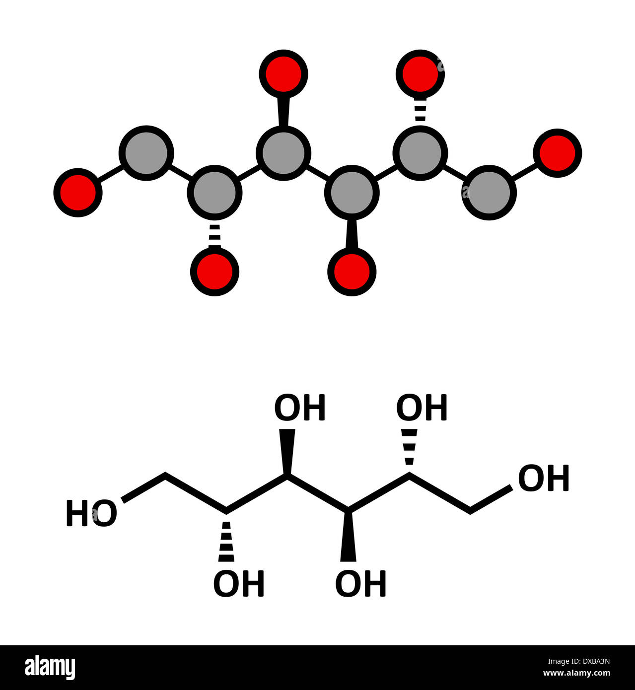 Le mannitol (mannite, la manne de sucre) molécule. Utilisé comme édulcorant, drogue, etc. le rendu 2D stylisée et conventionnelle formule topologique. Banque D'Images