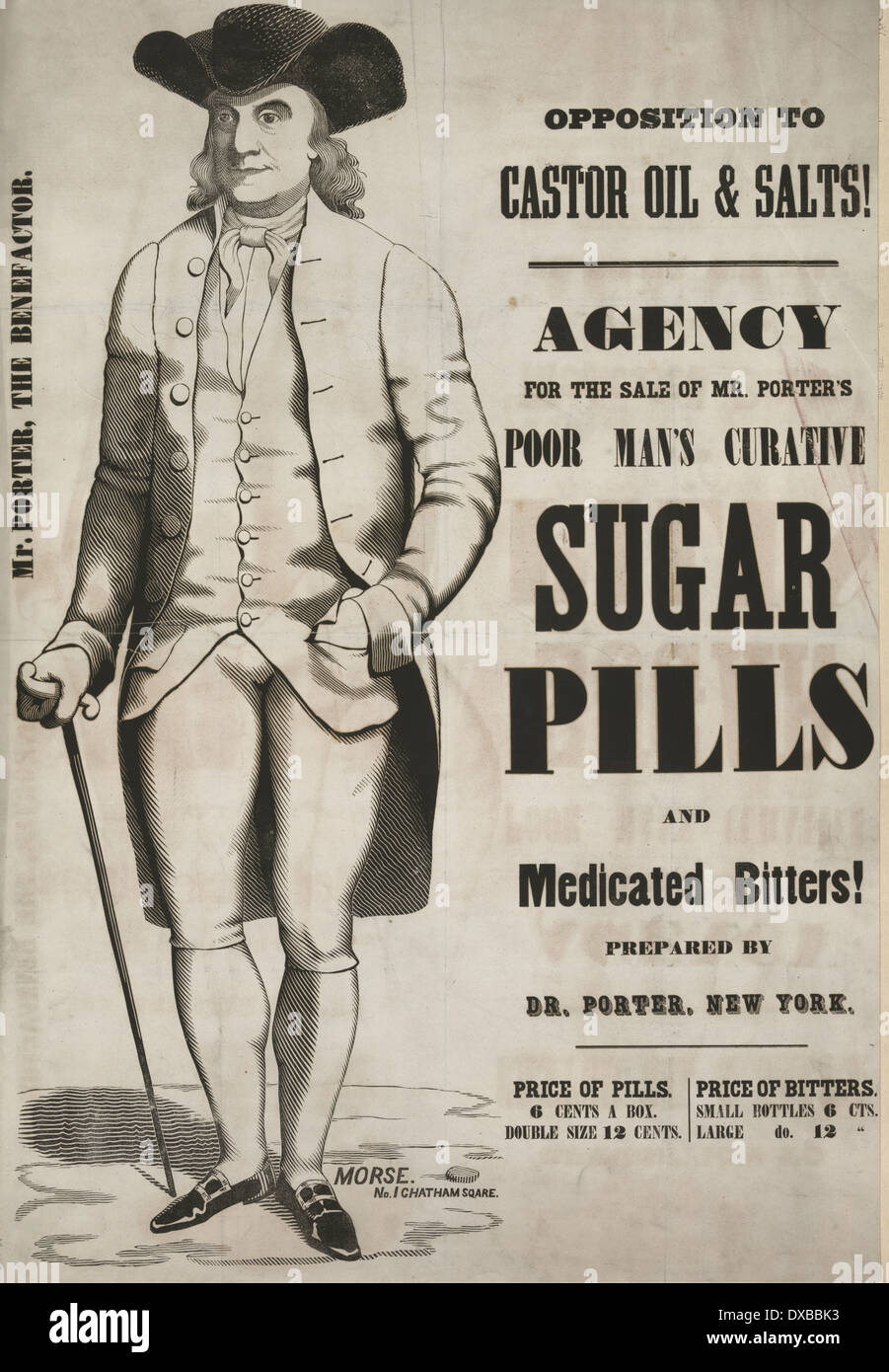 L'opposition à l'huile de ricin et de voirie ! Affiche pour la vente de M. Porter est curative de l'homme pauvre des pilules de sucre et d'aliments médicamentés bitters, vers 1845 Banque D'Images