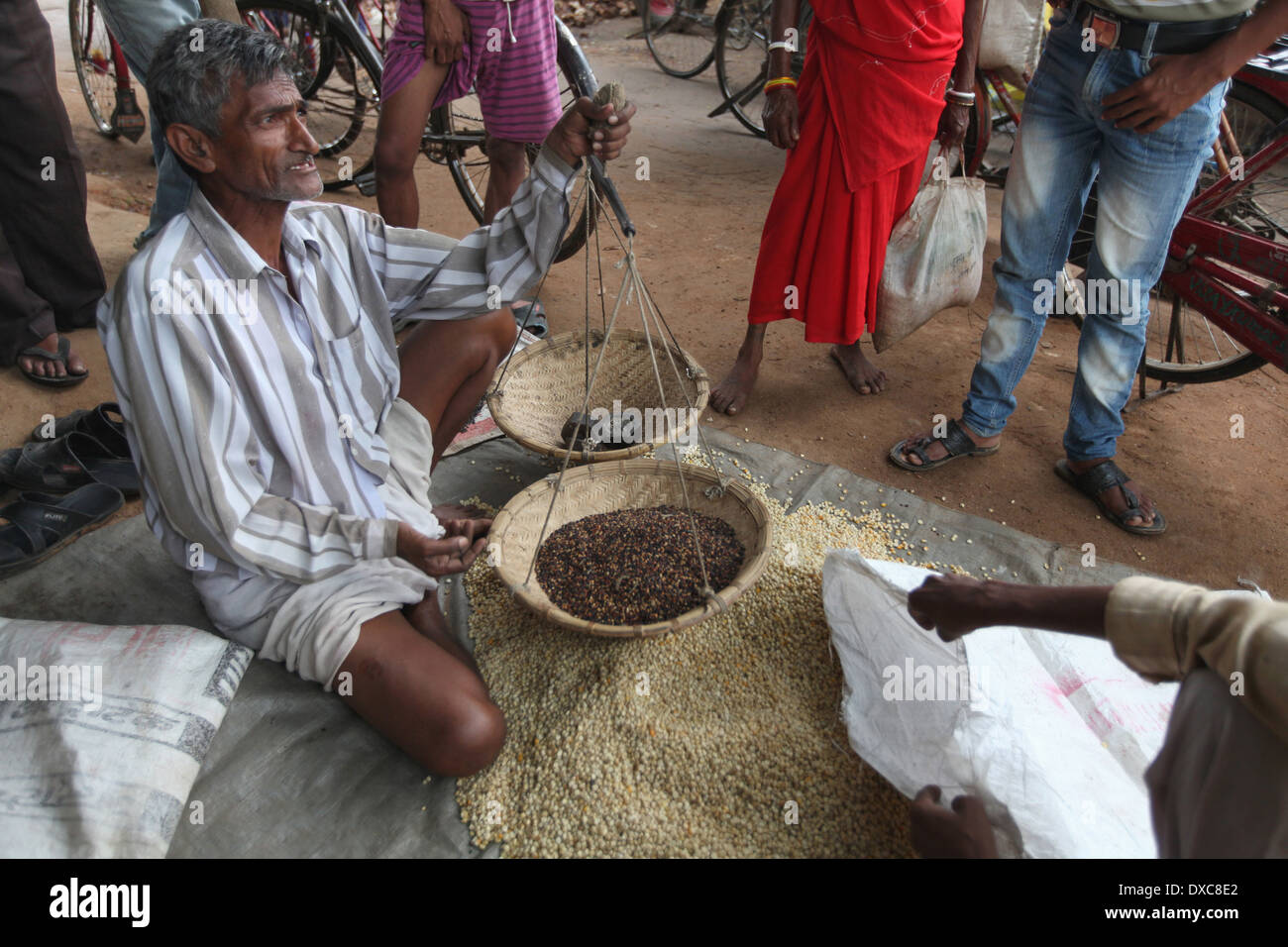 La vente des grains dans l'homme portant des paniers de bambou lungi. Bhumij Ashavihar marché tribal, tribal, Bokaro, Jharkhand, India Banque D'Images