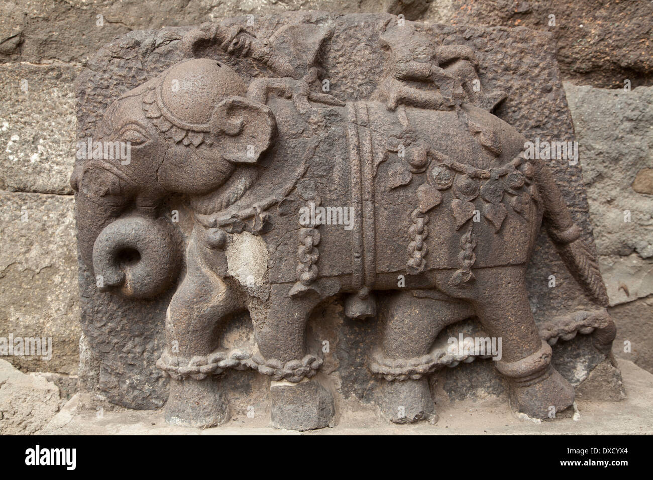 Bas-relief de l'éléphant (circa 12 siècle) à Daulatabad Fort, près de Aurangabad, Maharashtra, Inde. Banque D'Images