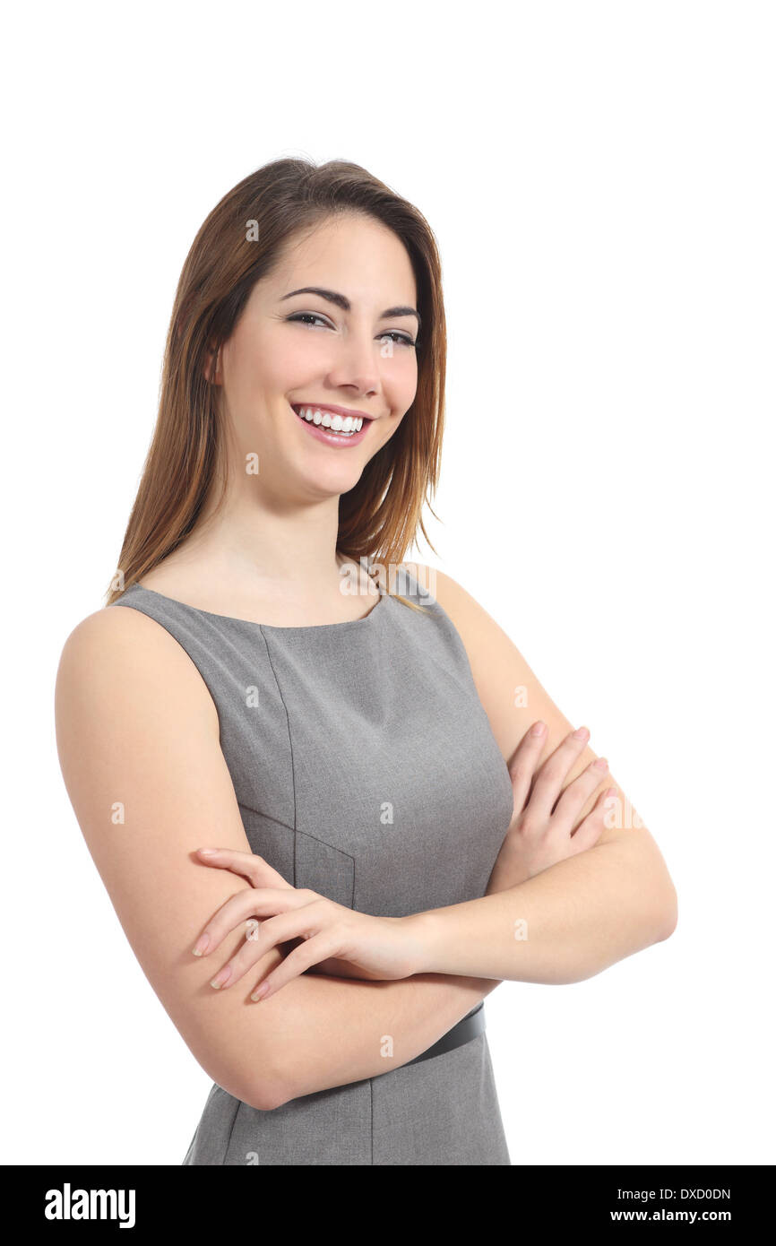 Confident business woman posant avec un sourire parfait isolé sur fond blanc Banque D'Images