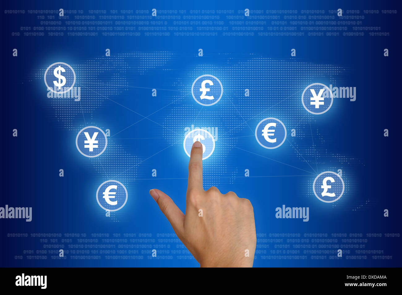 Poussant la main sur la monnaie d'un réseau mondial de concept Banque D'Images Poussant la main sur la monnaie d'un réseau mondial de concept Banque D'Images