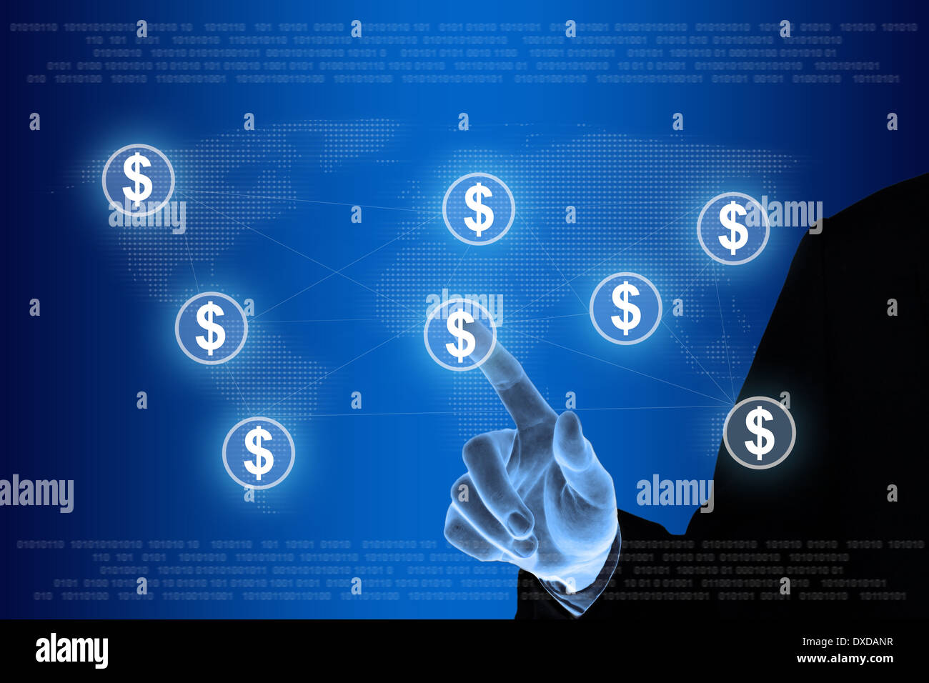 Monnaie dollar poussant la main sur la mise en réseau concept Banque D'Images Monnaie dollar poussant la main sur la mise en réseau concept Banque D'Images