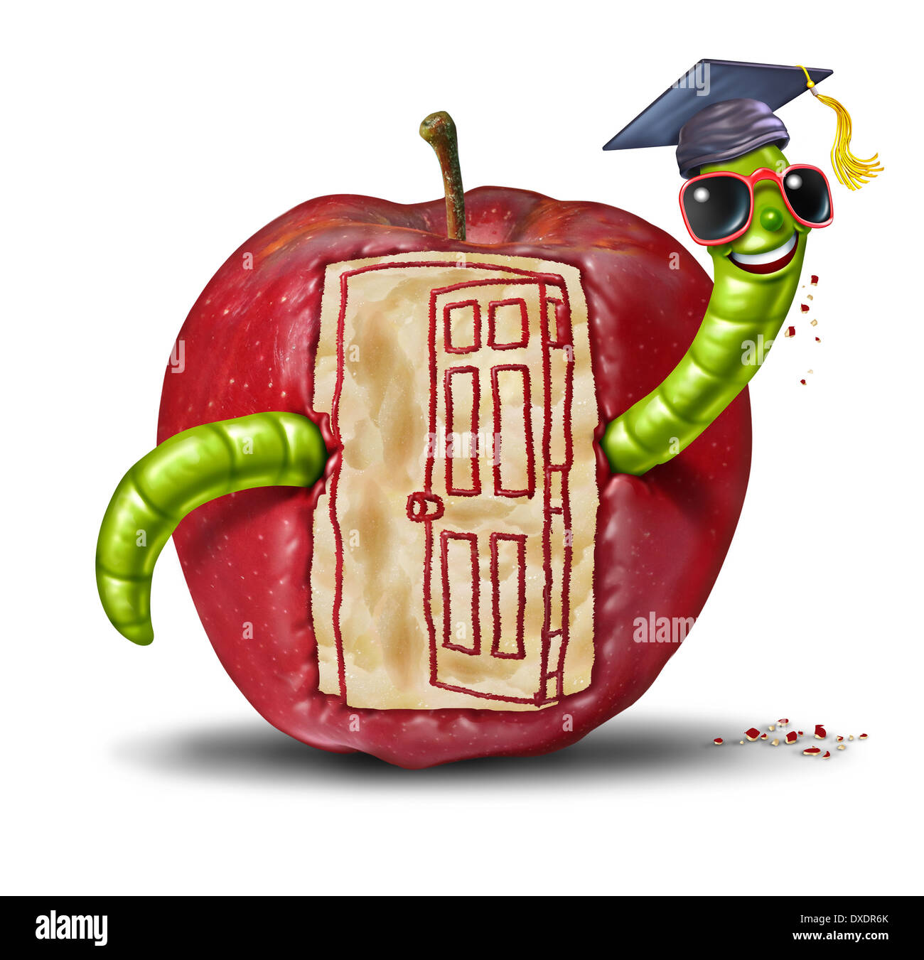 Concept de la porte ouverte de l'école comme un ver émergeant d'une pomme qui a été mangé pour former la forme d'une porte d'entrée ouverte comme un symbole de l'éducation et l'apprentissage de la communication. Banque D'Images