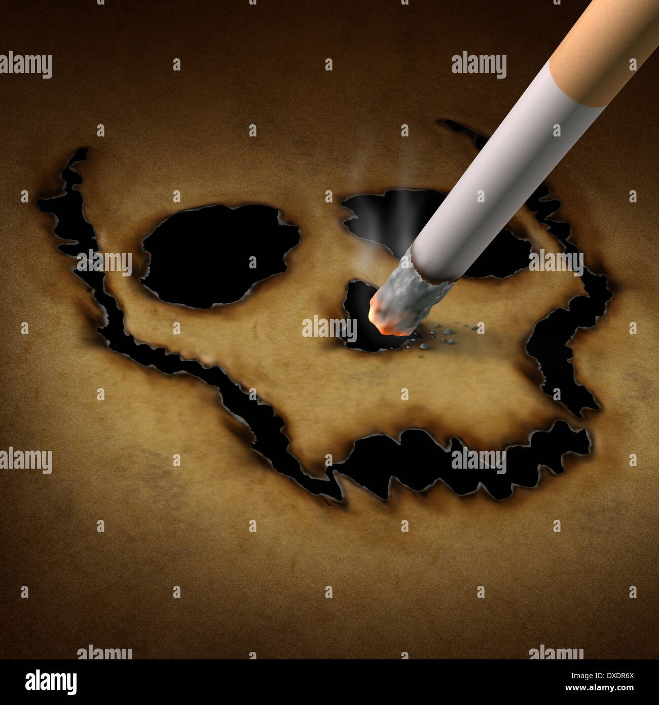 Danger de fumer une cigarette comme concept de la gravure d'un crâne humain symbole de vieux grunge papier comme une métaphore de l'exposition à la fumée toxique causant le cancer du poumon et mortel pour la santé. Banque D'Images