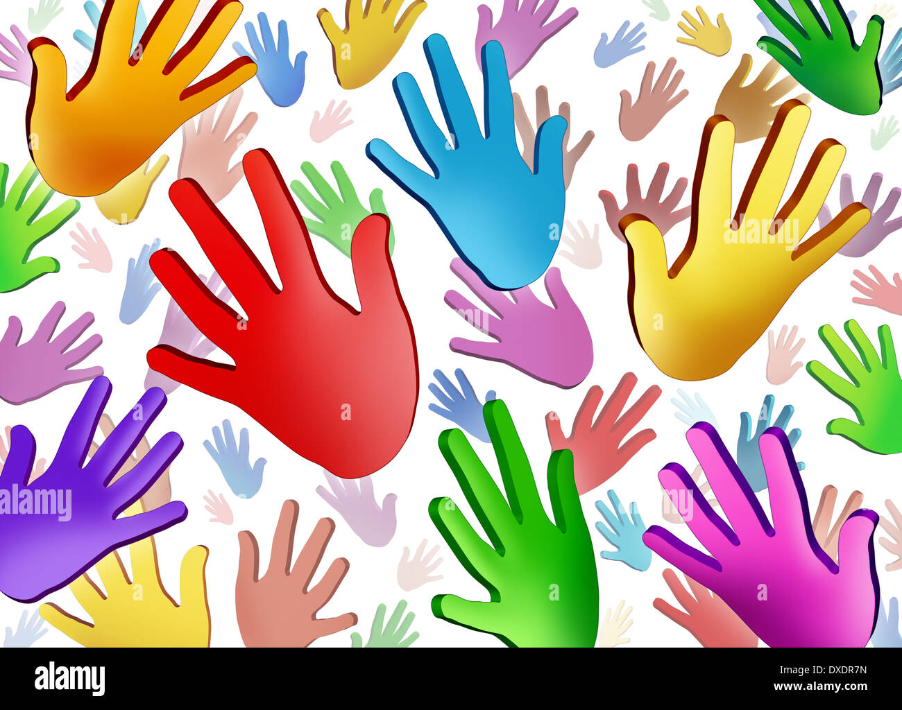 Mains concept communautaire bénévole comme un symbole d'un groupe de mains humaines colorées soulevé dans l'air représentant la diversité culturelle ethnique dans l'amitié de travailler ensemble comme une équipe pour la réussite sociale. Banque D'Images