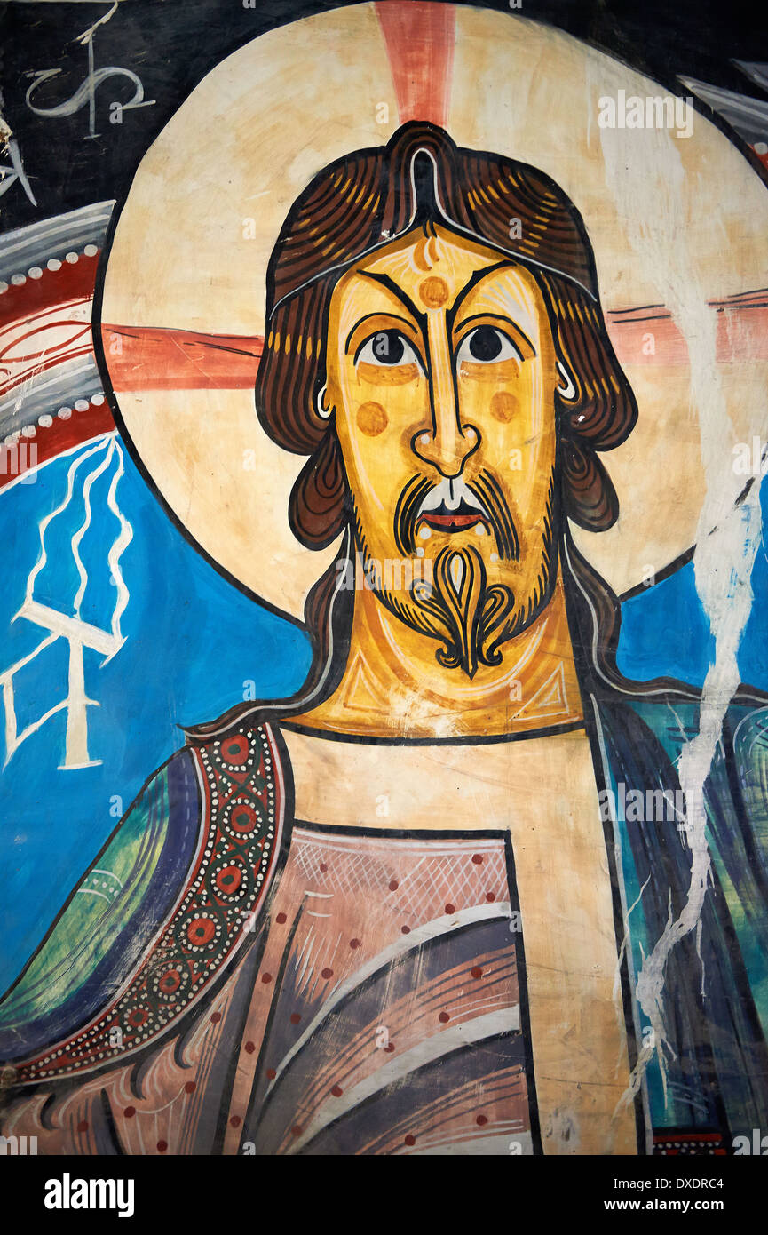 Copie de la douzième siècle fresque romane catalane du Christ Pantocrator dans l'église de Saint Climent en Vall de Boi Taull,, Banque D'Images