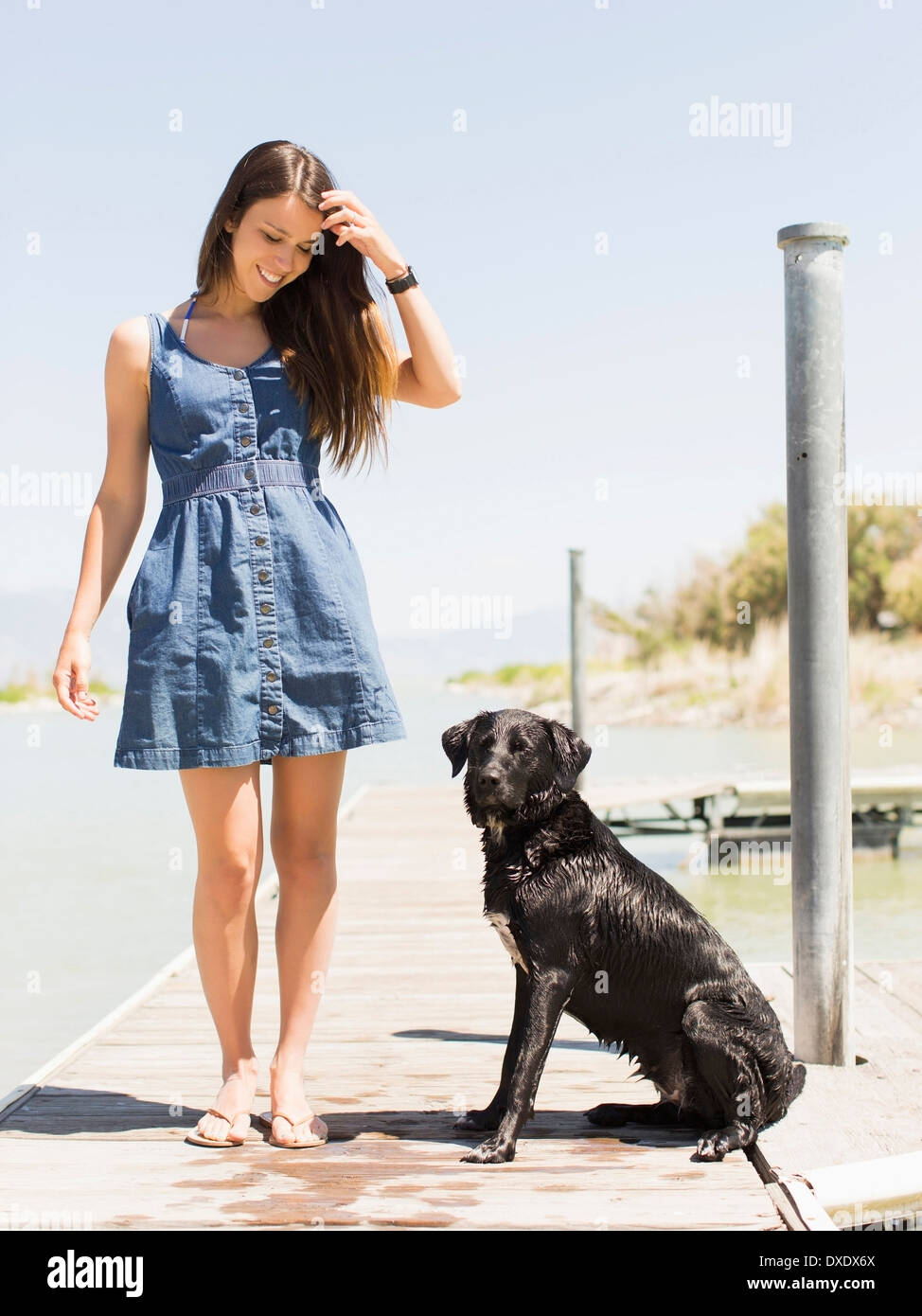 Woman with dog standing on Jetty, Salt Lake City, Utah, USA Banque D'Images