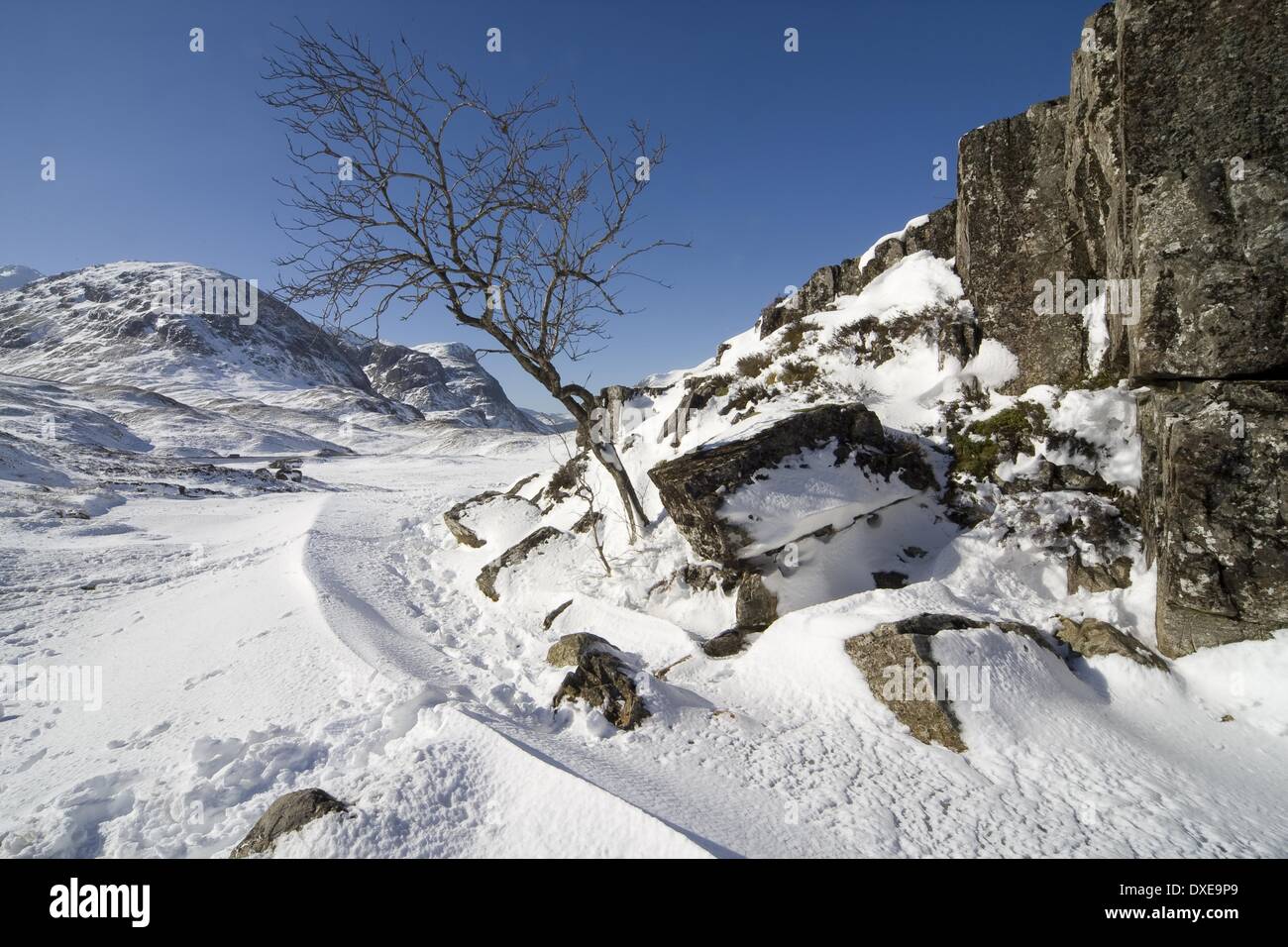 Glencoe,soeurs,neige,hiver,sommet,col,highlands,ouest,neige,flux,congelés,bleu,ciel,rocks, l'écosse,tourisme,destina Banque D'Images