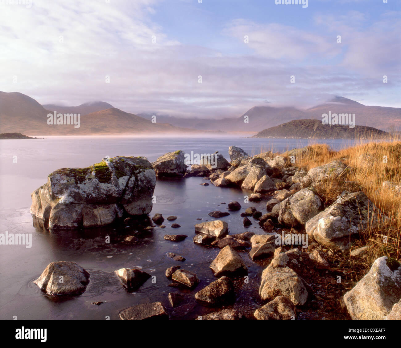 Lumière d'automne sur Lochan nah Achlaise vers les montagnes noires, Rannoch Moor, West Highlands. Banque D'Images