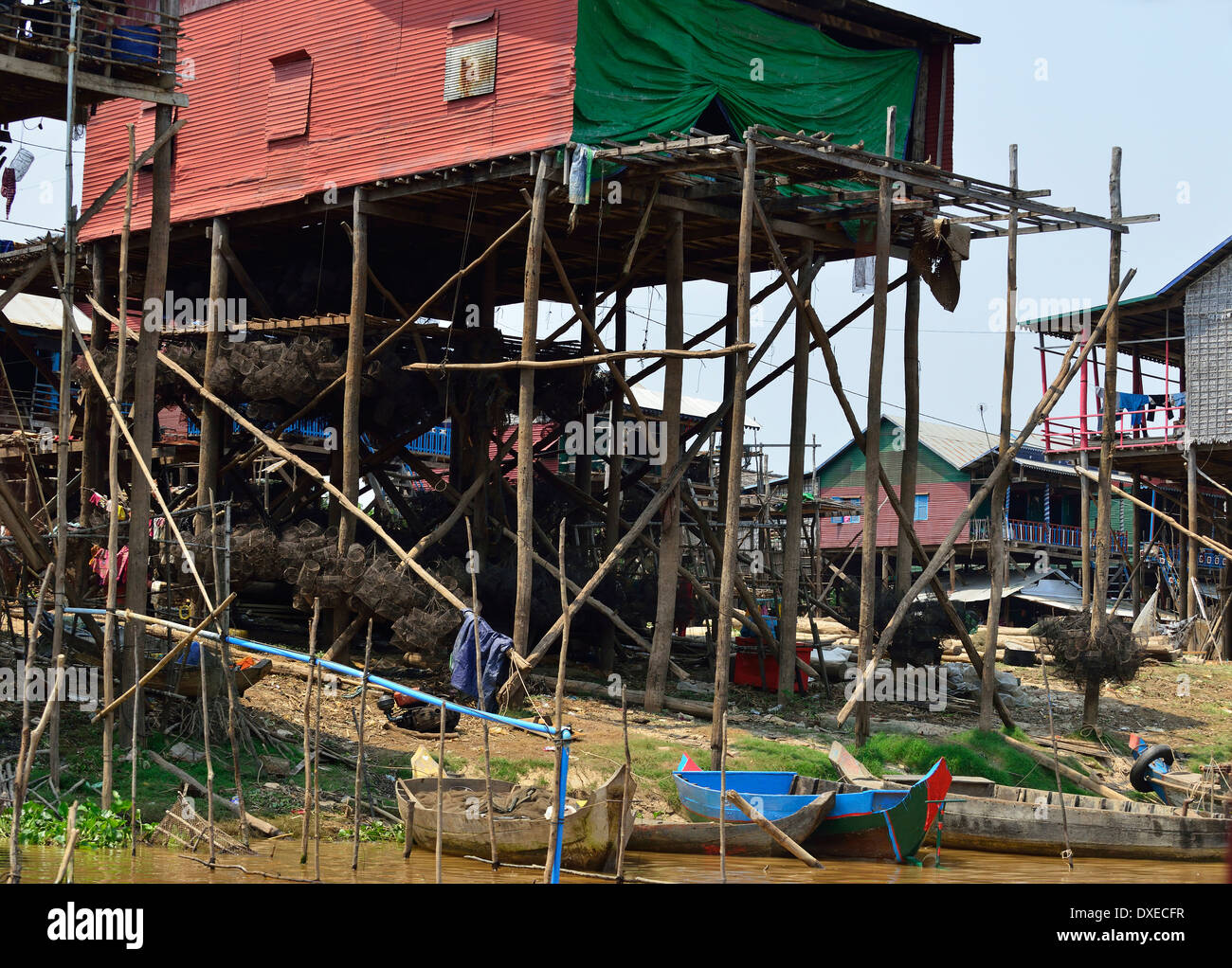 Les maisons construites sur des poteaux en bois pour éviter la haute gamme d'eau du lac Tonle Sap, au cours des mois d'hiver, au Cambodge Banque D'Images