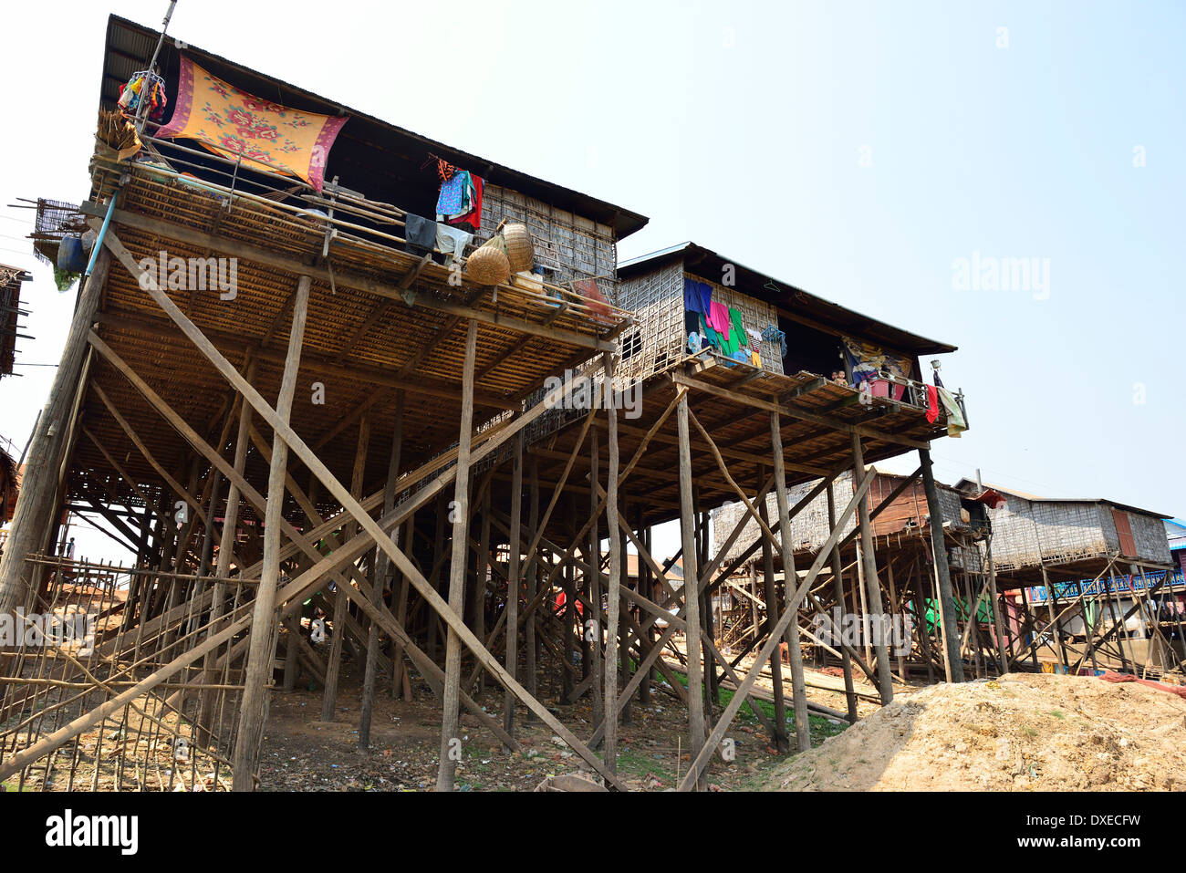 Maisons construites sur des poteaux en bois ou des maisons à pilotis pour éviter la grande gamme d'eau du lac Tonle SAP, pendant les mois d'hiver, Cambodge Banque D'Images