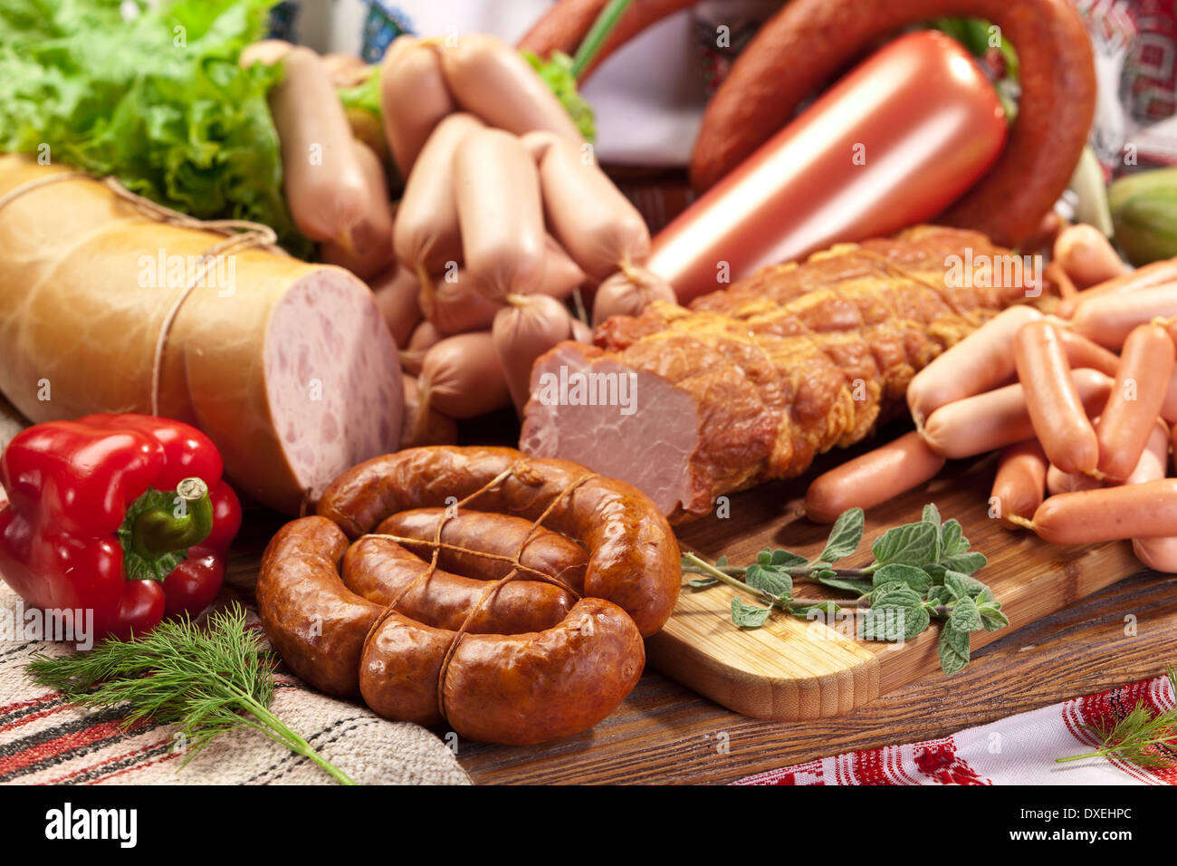Gamme de produits de saucisse. Close-up shot. Banque D'Images