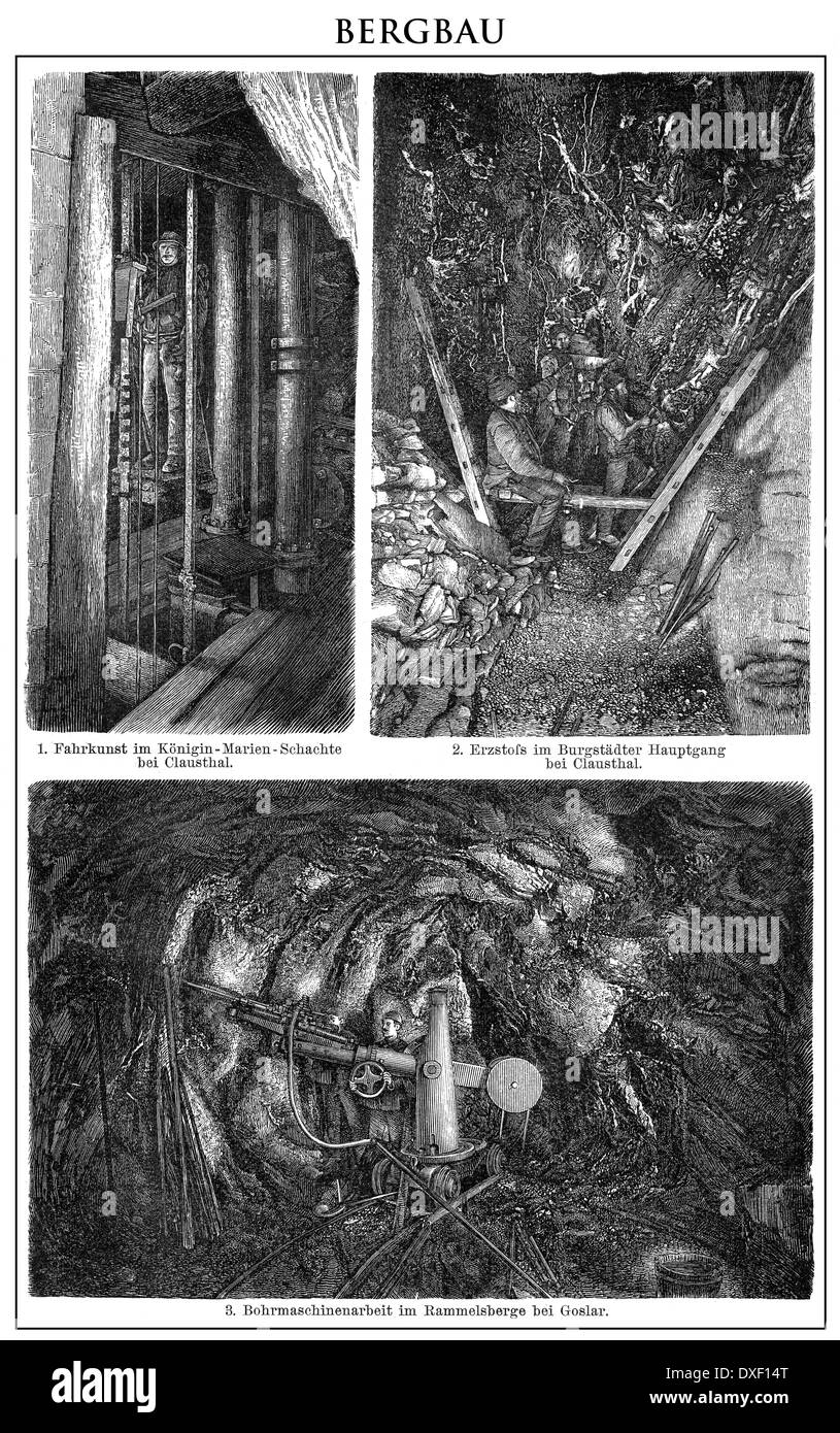 Illustration historique, les opérations minières dans le 19ème siècle, historische Mischtechnik, Bergbau im 19. Jahrhundert Banque D'Images