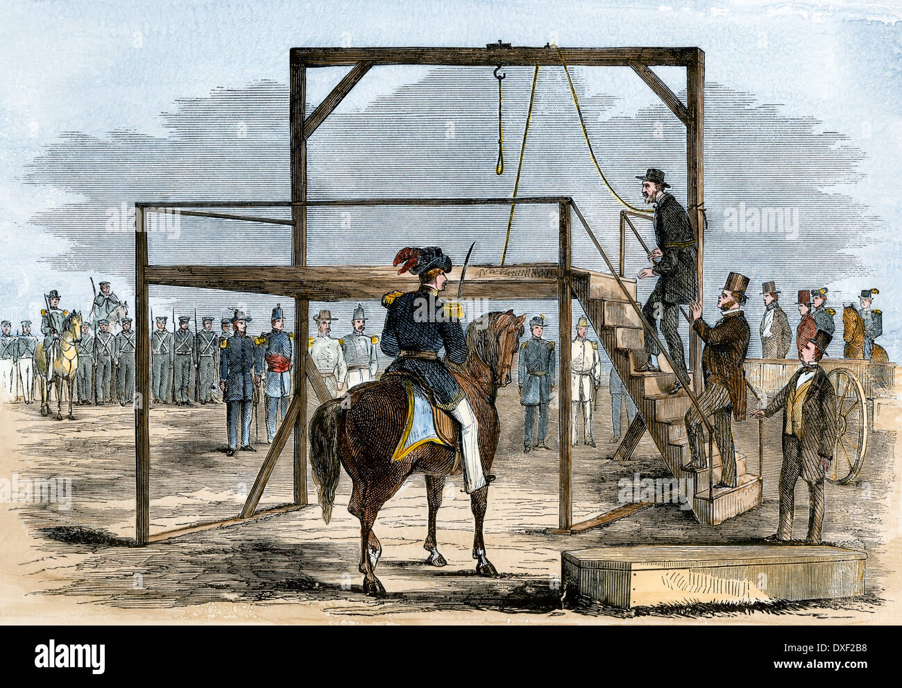 John Brown ordre croissant l'échafaudage pour son exécution, 1859. À la main, gravure sur bois Banque D'Images