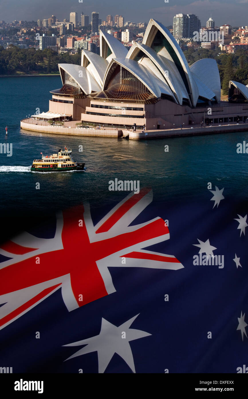 Le drapeau de l'Australie et l'Opéra de Sydney dans la ville de Sydney en Australie. Banque D'Images