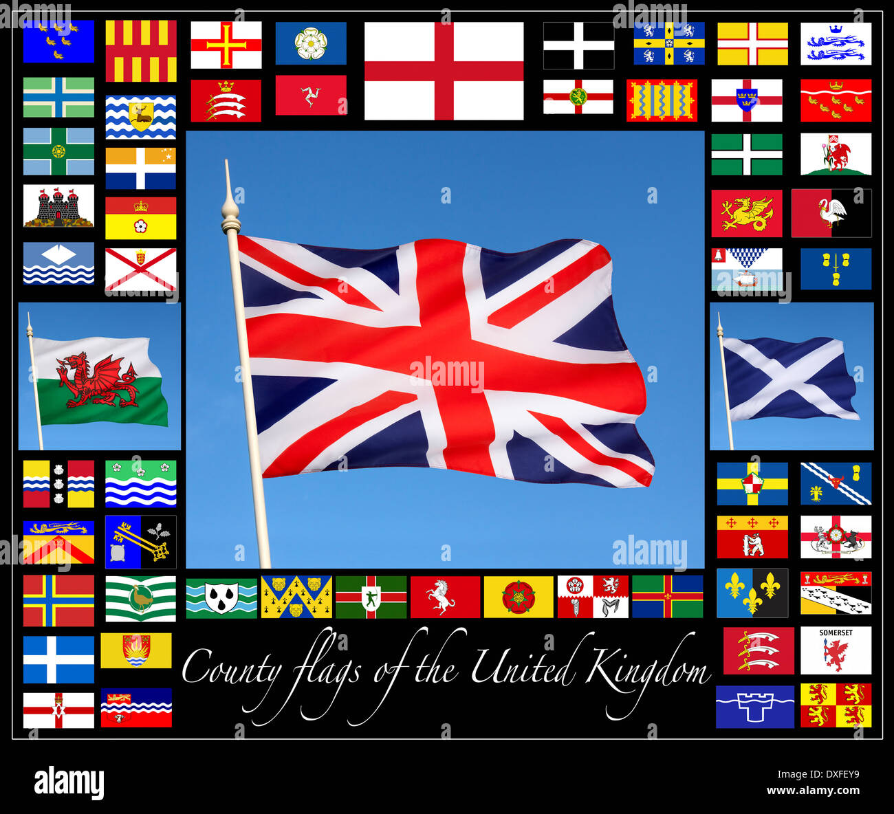 Drapeaux de comté du Royaume-Uni avec les drapeaux de l'Angleterre, Ecosse Pays de Galles et de l'Union européenne Drapeau de Grande Bretagne. Banque D'Images