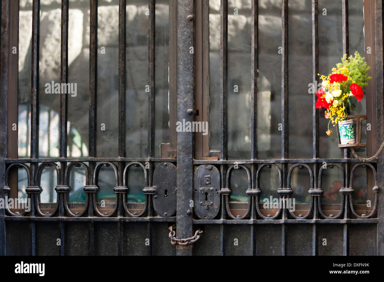 Peu de vase avec des fleurs colorées à une porte métallique Banque D'Images