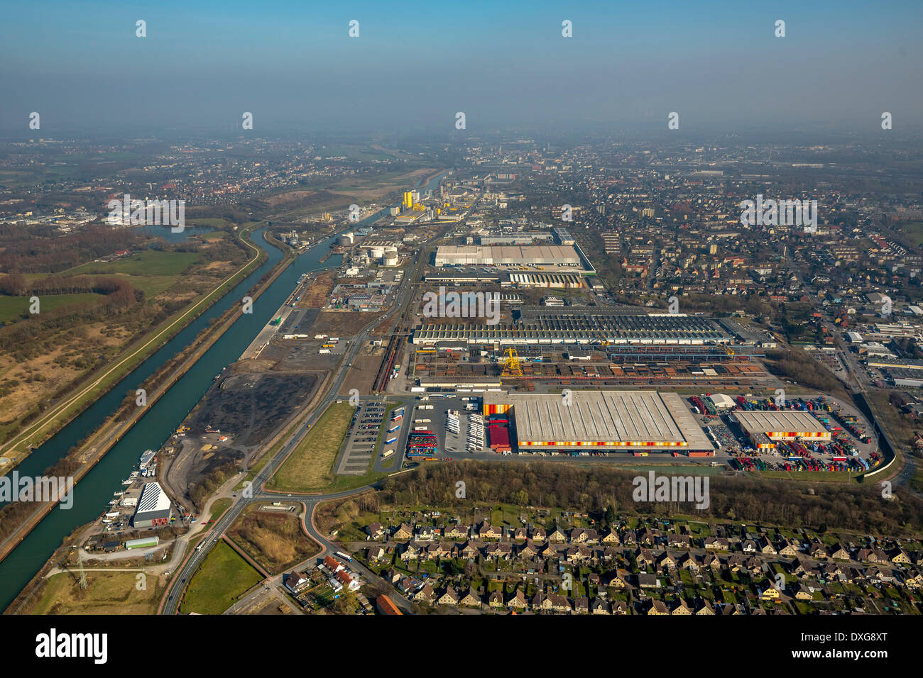 Port de Hamm, Canal Datteln-Hamm, zone commerciale, zone industrielle, Hamm, Ruhr, Rhénanie du Nord-Westphalie, Allemagne Banque D'Images