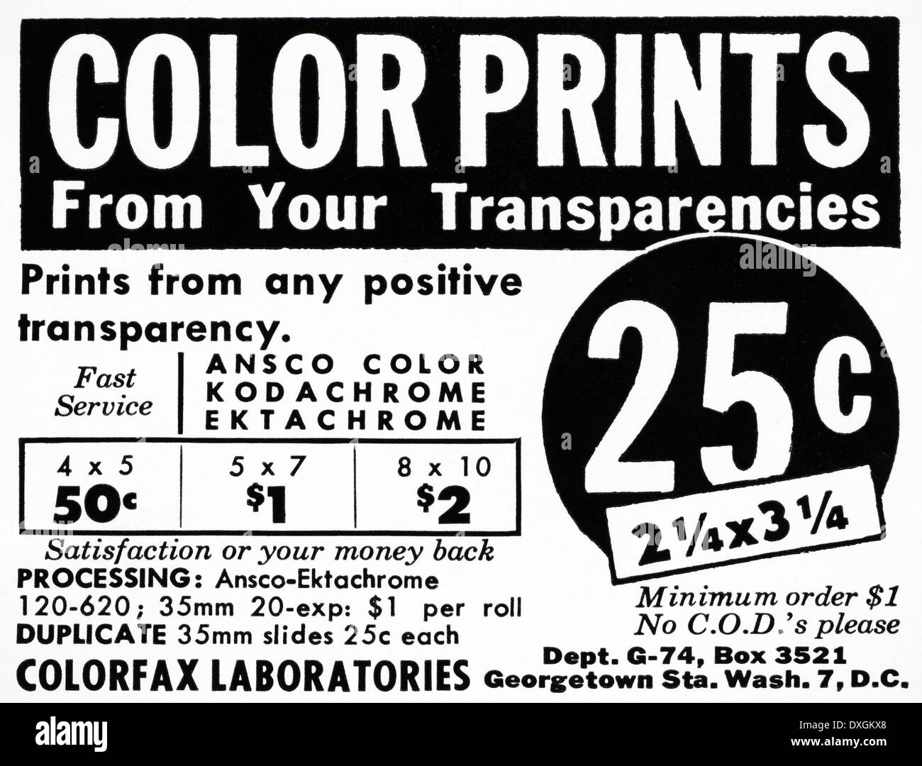 1950 Publicité pour Colorfax Laboratories les impressions couleur annonce dans le magazine américain vers 1954 Banque D'Images