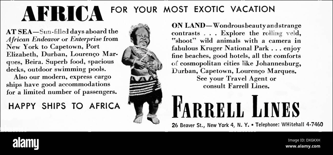 1950 Publicité pour Farrell Lines vacances en Afrique annonce dans le magazine américain vers 1954 Banque D'Images