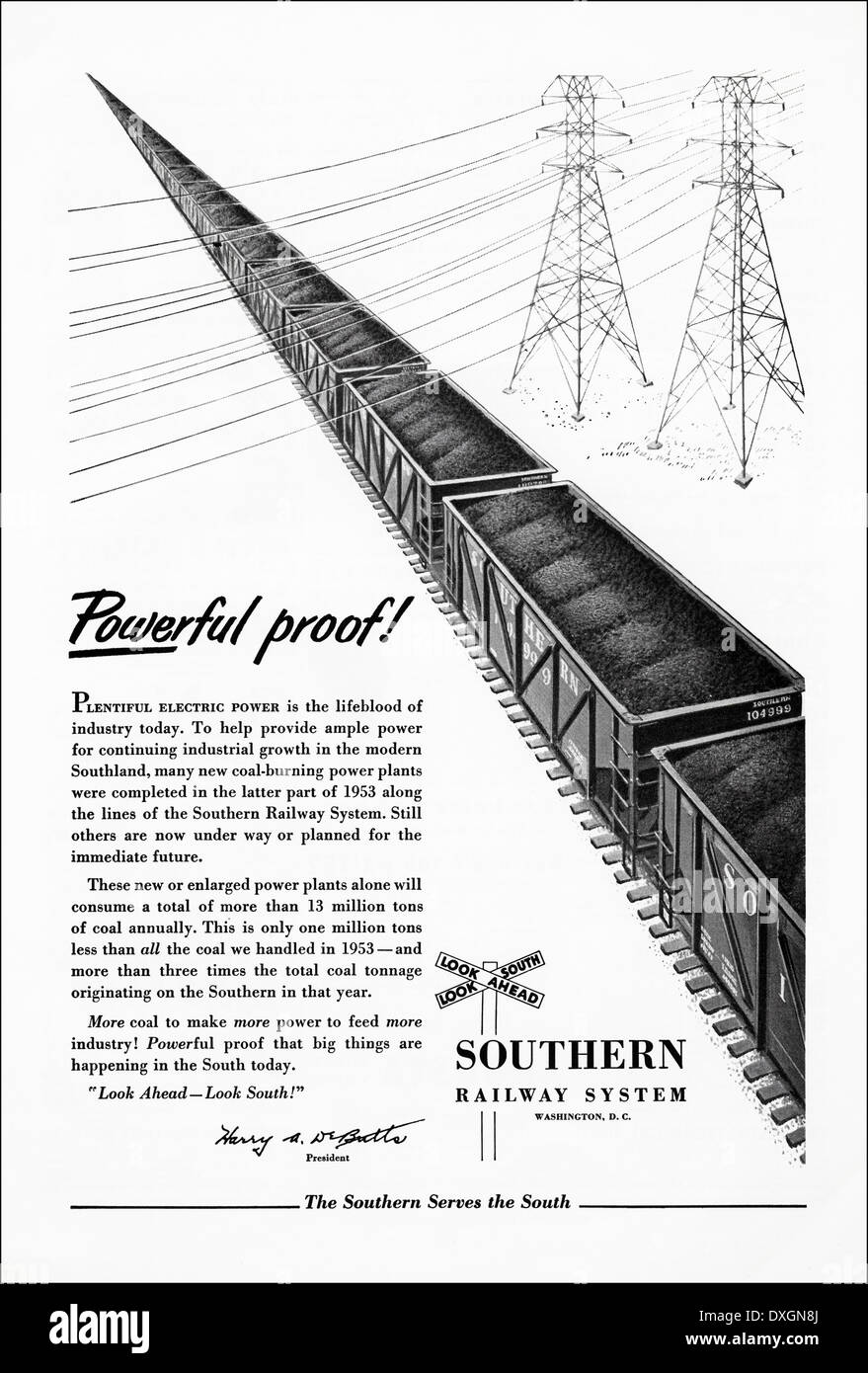1950 publicité pour le sud du système ferroviaire de transport de charbon annonce dans le magazine américain vers 1954 Banque D'Images