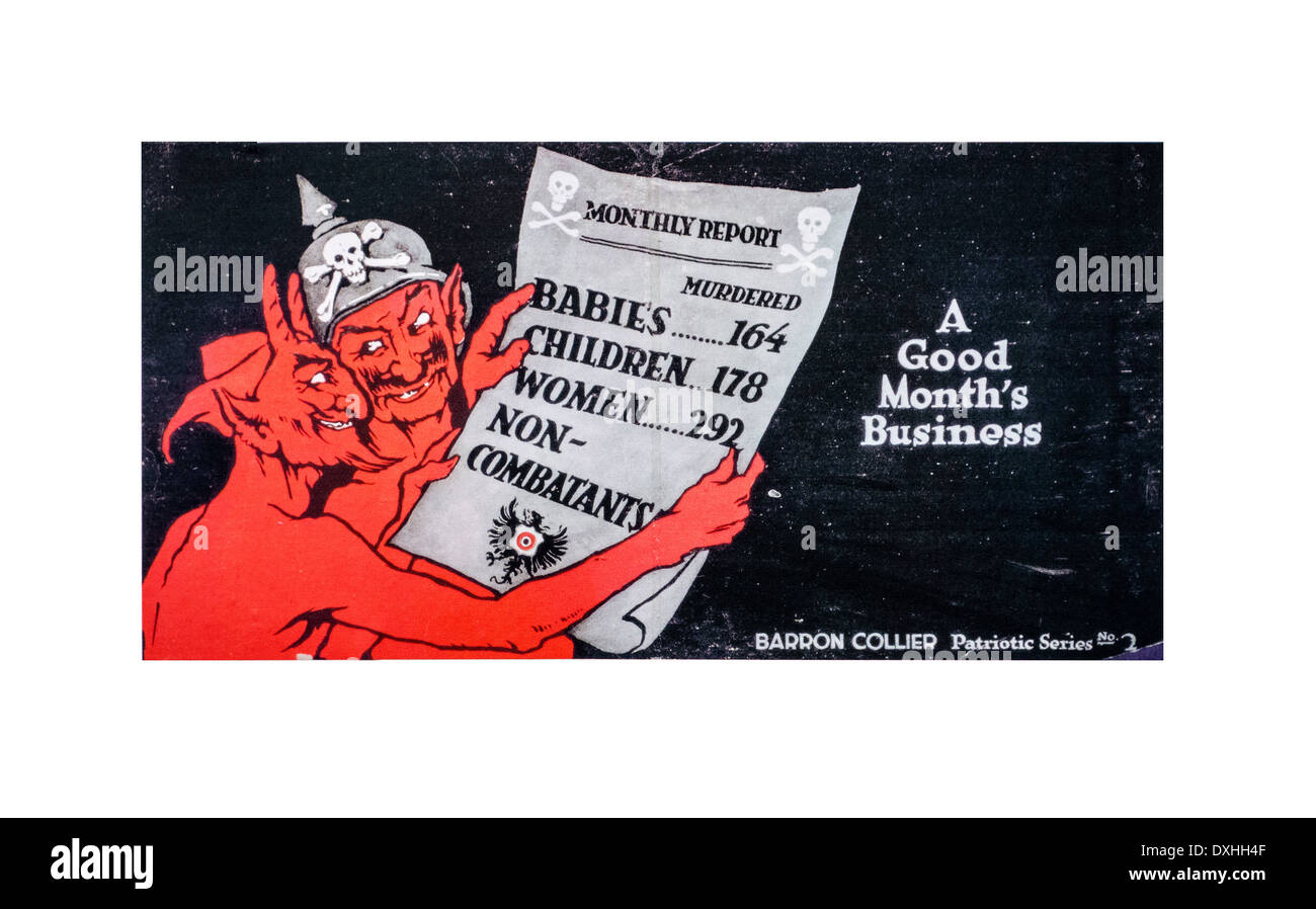 WW1 English Caricature montrant le diable et soldat allemand à au rapport mensuel avec nombre de civils innocents tués Banque D'Images