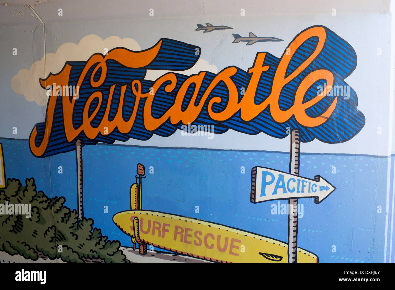 Newcastle Beach et l'océan Pacifique artwork murale dans le métro souterrain tunnel Newcastle NSW Australie Nouvelle Galles du Sud Banque D'Images