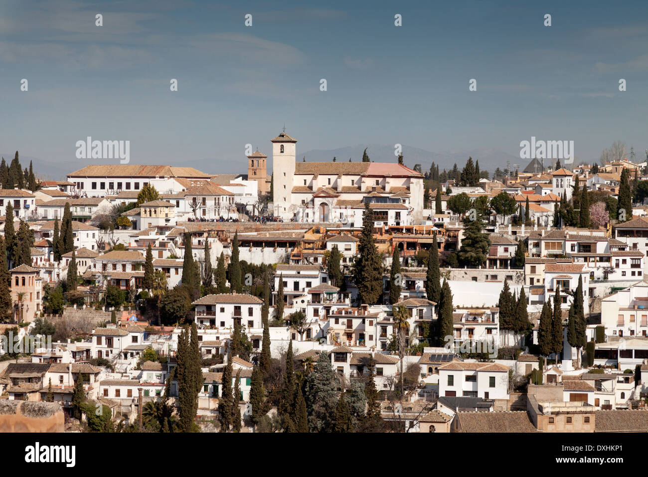 La ville de Grenade, l'Albayzín, à l'ensemble de l'Alhambra à l'église de St Nicholas, Grenade, Andalousie, Espagne, Europe Banque D'Images