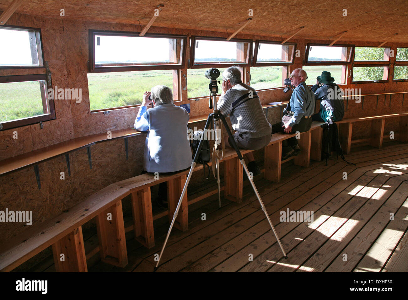 Les ornithologues amateurs à cacher à la RSPB Minsmere (Société royale pour la protection des oiseaux) de la réserve d'oiseaux, Suffolk, Angleterre Banque D'Images