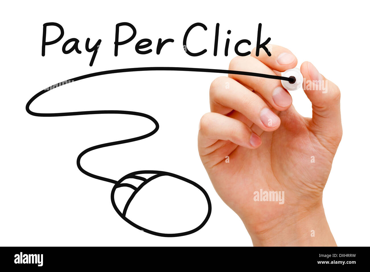 Croquis à main Payer Par Clic souris concept avec marqueur noir sur transparent d'essuyer. Banque D'Images