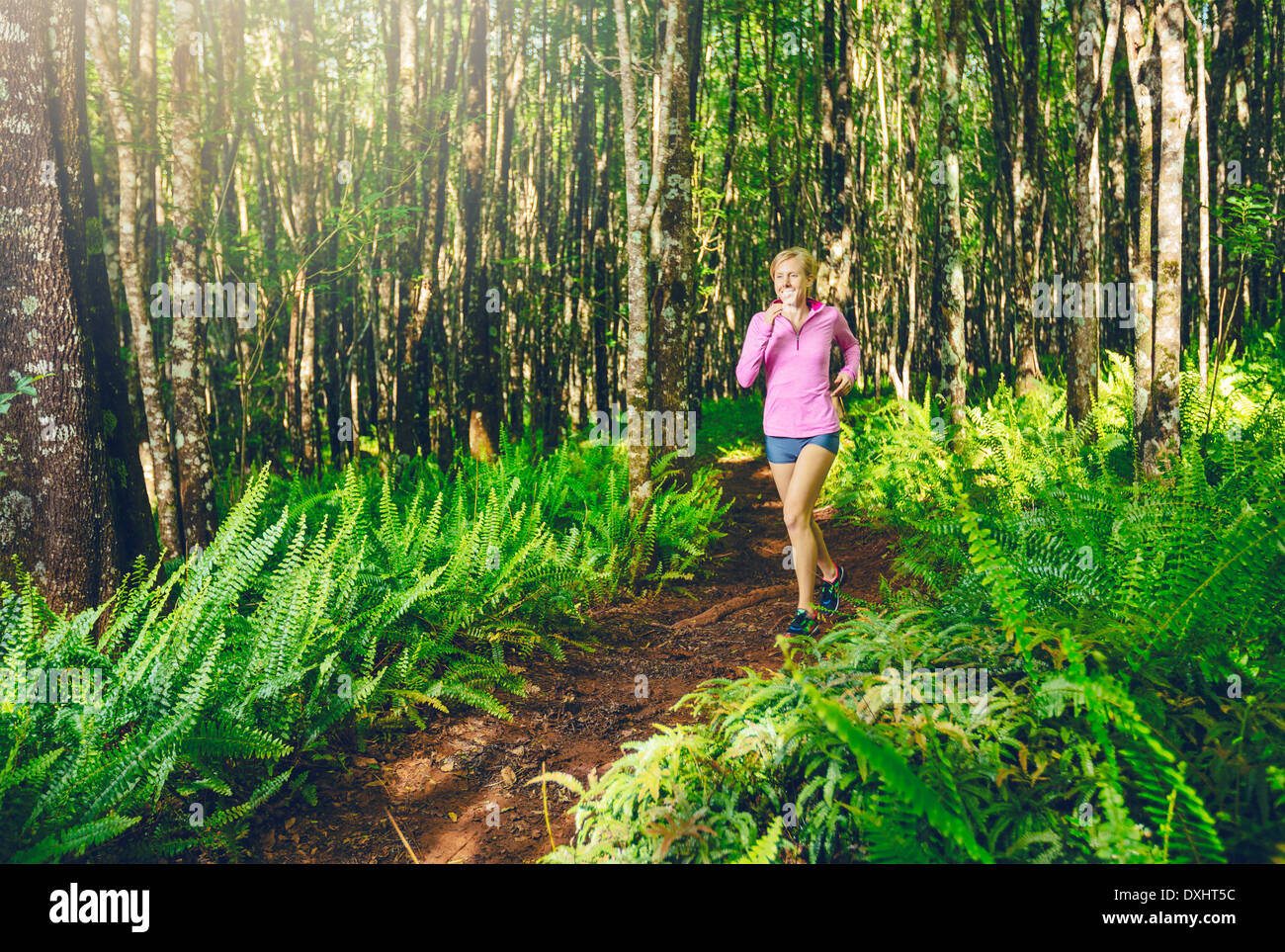 Femme en marche dans la nature. Le trail running en forêt. Vie saine et active Concept de remise en forme. Banque D'Images