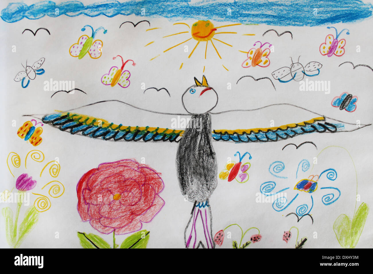 Dessin d'enfant multicolore avec beaucoup d'oiseaux drôles Banque D'Images